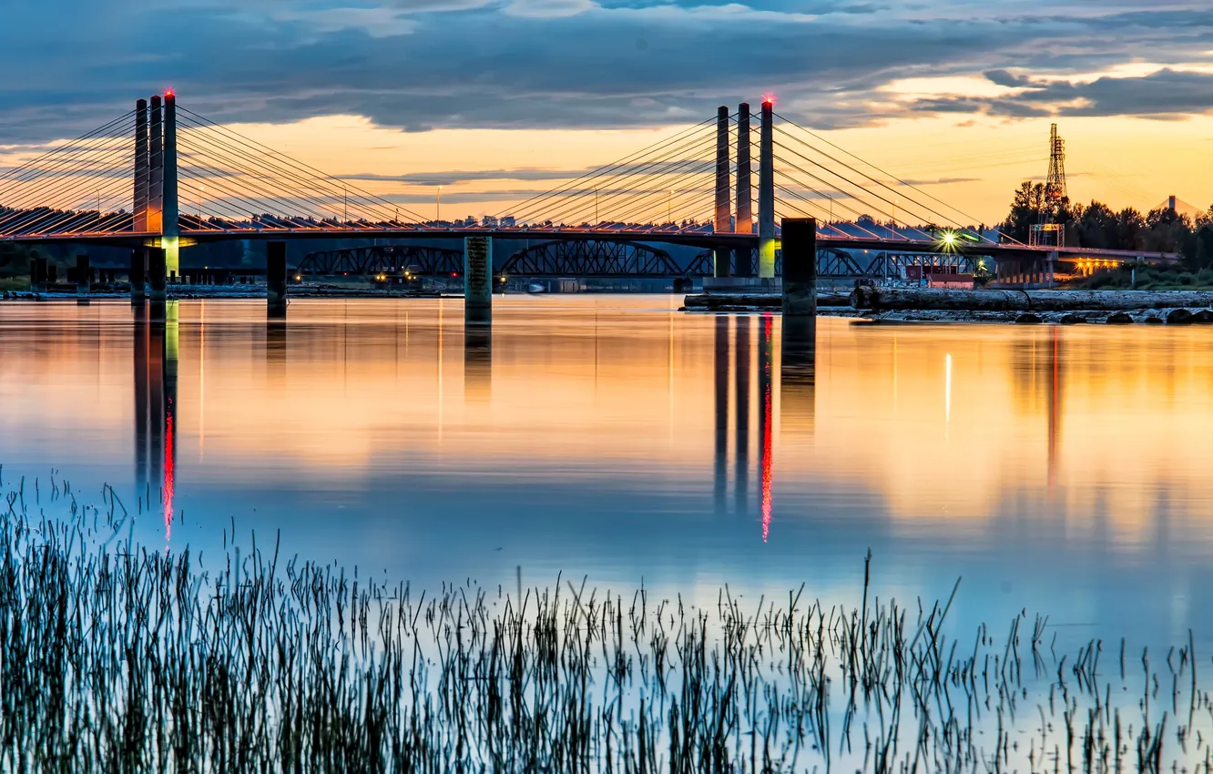 Фото обои закат, река, Канада, мосты, Port Coquitlam