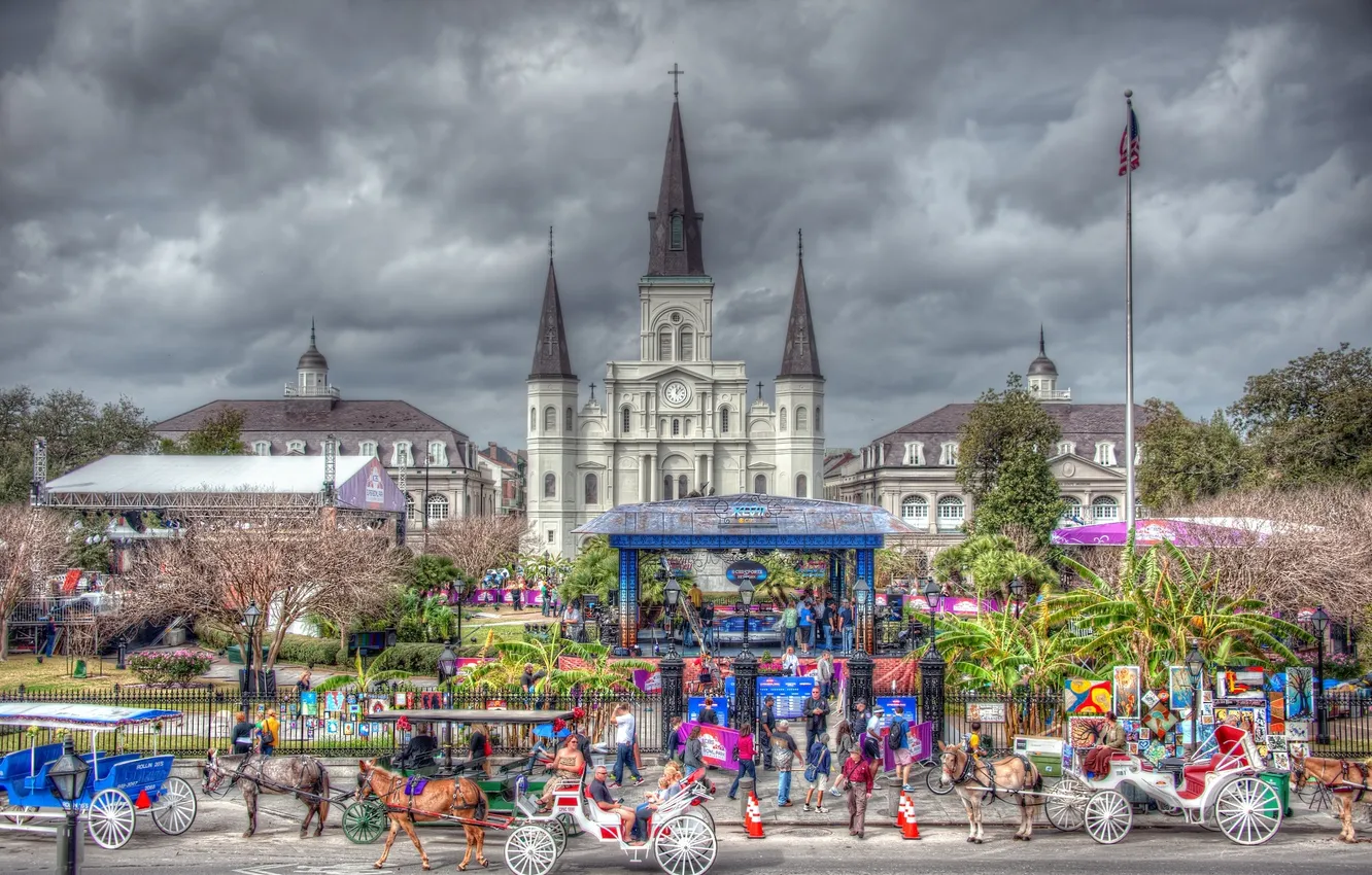Фото обои праздник, сцена, лошади, собор, кареты, New Orleans, Новый Орлеан