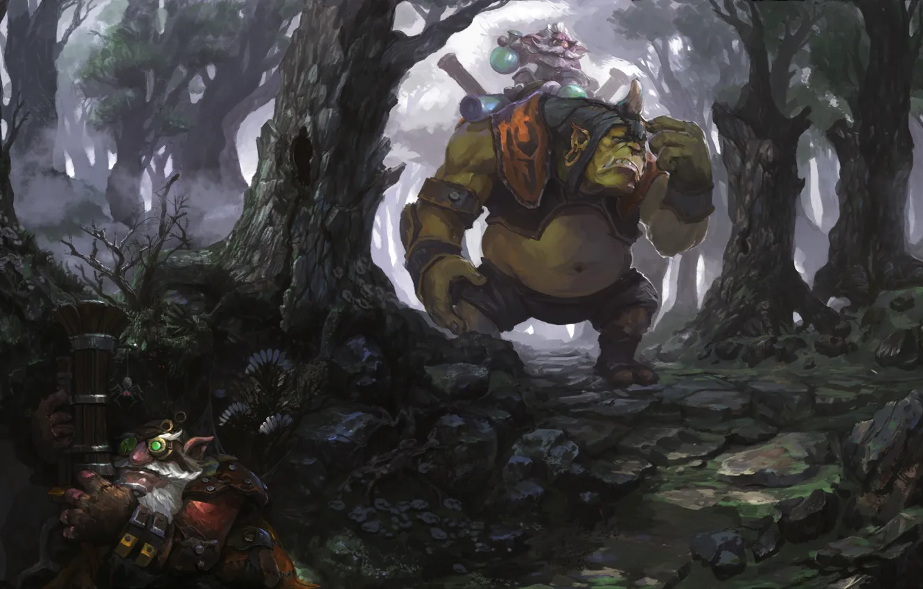 Фото обои лес, арт, поиски, Dota 2, Sniper, Alchemist, Razzil Darkbrew, Kardel Sharpeye