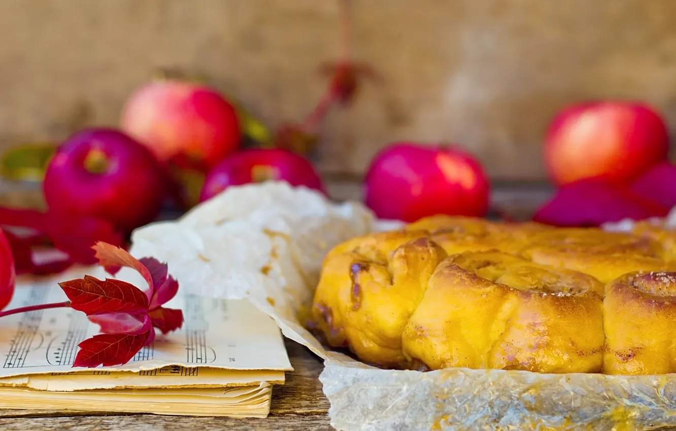 Фото обои листья, ноты, яблоки, еда, ветка, пирог, фрукты, выпечка