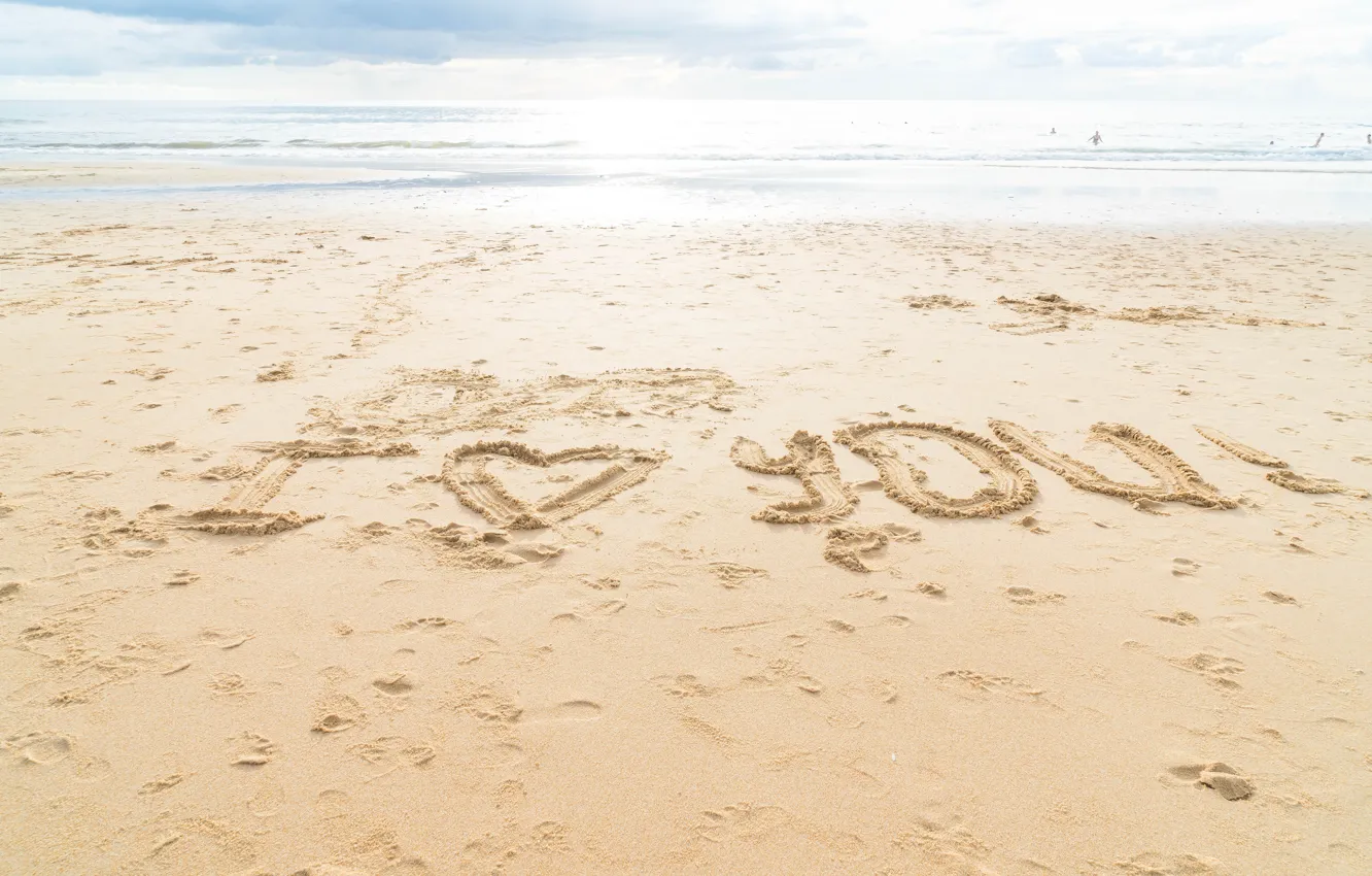Фото обои песок, море, пляж, любовь, сердце, love, beach, I love you