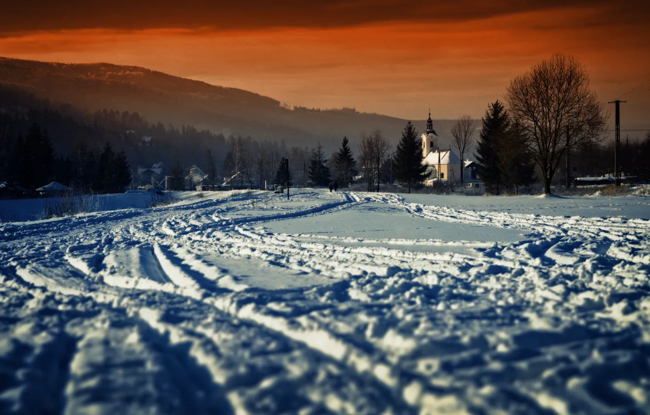 Фото обои зима, снег, Польша, церковь, Polish winter