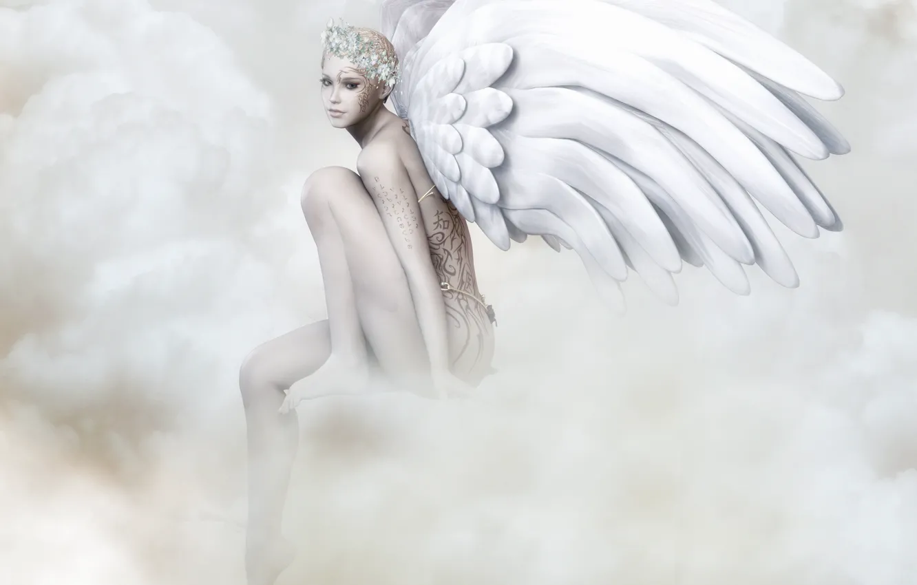Фото обои взгляд, лицо, поза, рендеринг, узоры, крылья, ангел