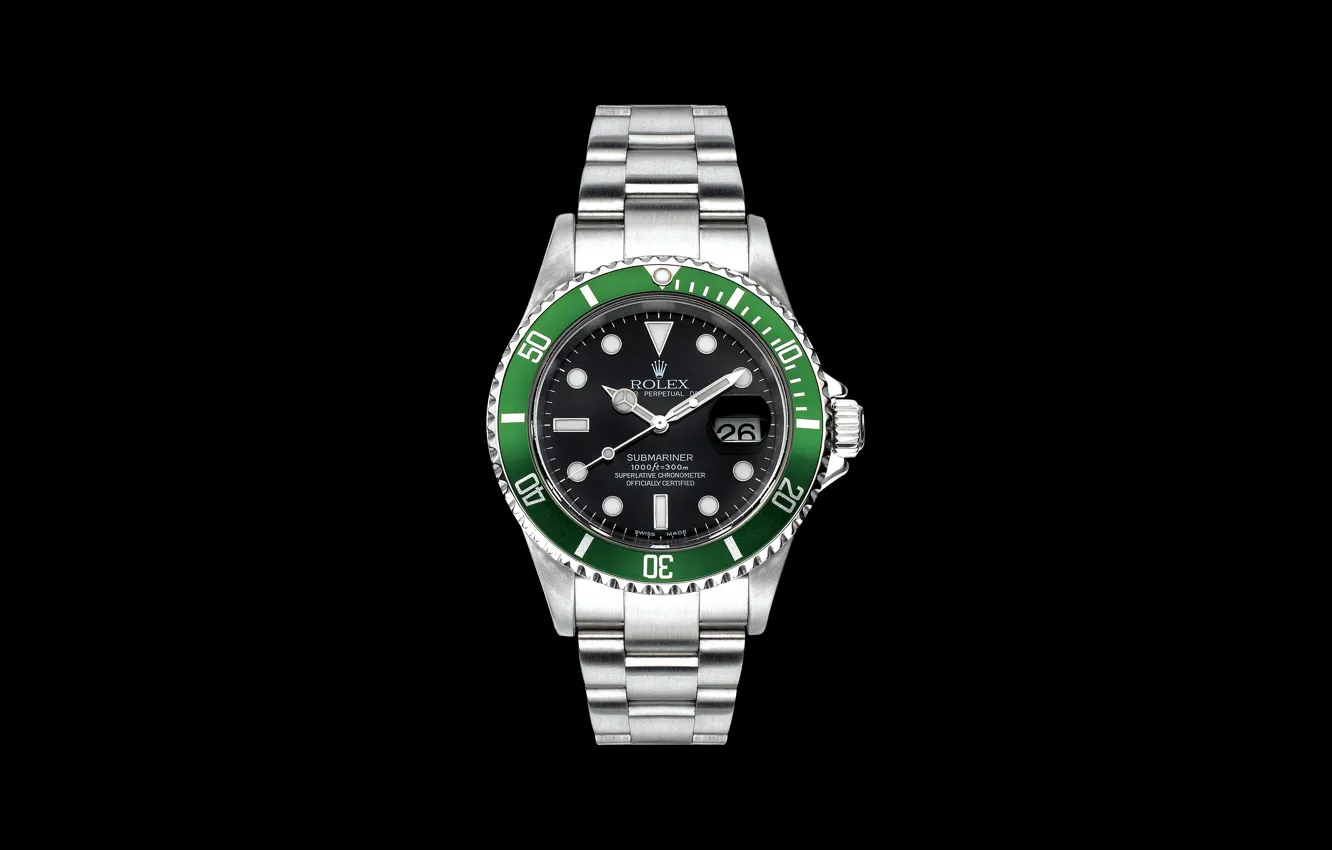Фото обои green, hulk, black background, watch, clock, steel, rolex, gmt