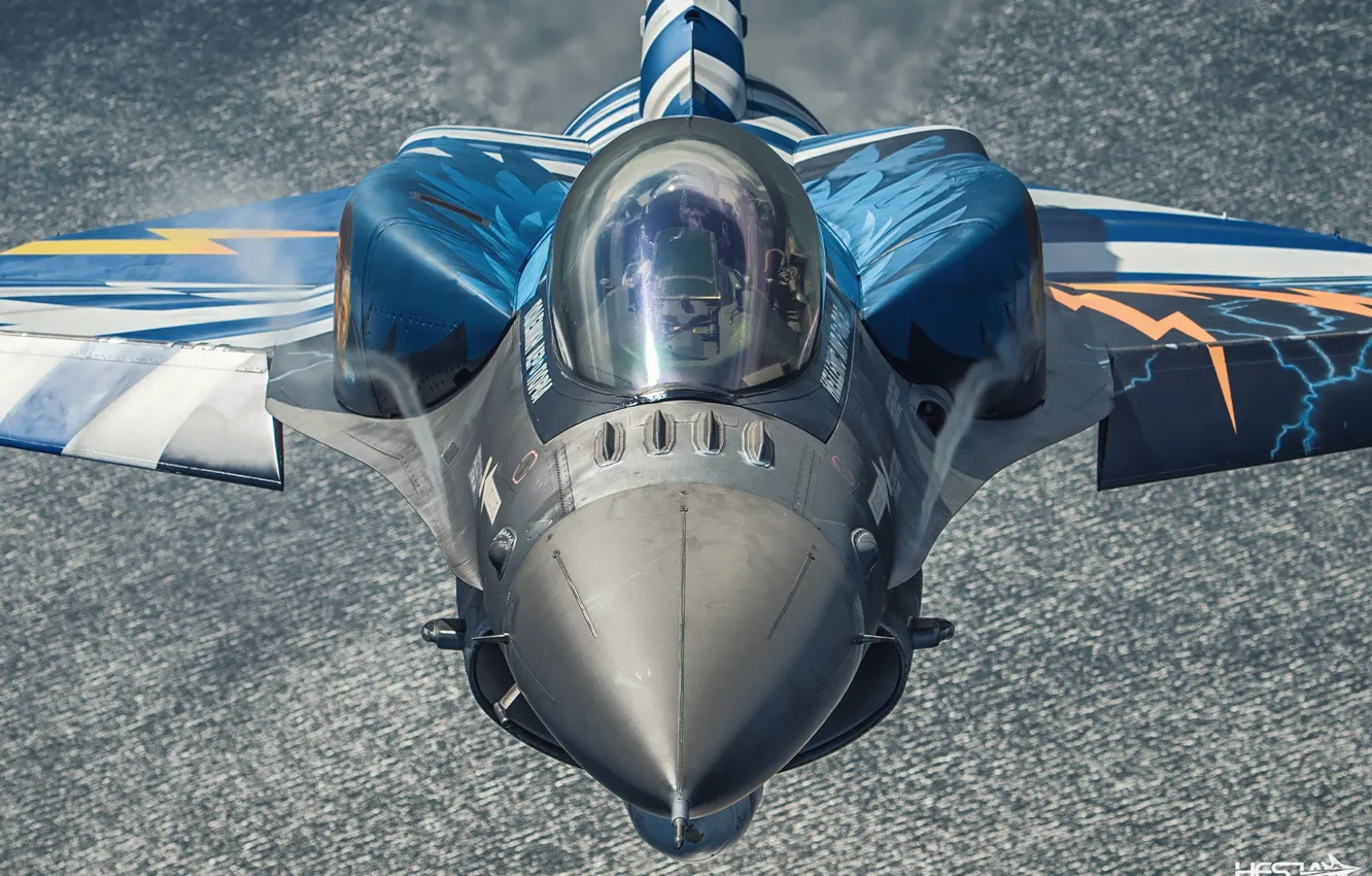 Фото обои Море, Истребитель, Фонарь, F-16, F-16 Fighting Falcon, Эффект Прандтля — Глоерта, Кокпит, ВВС Греции