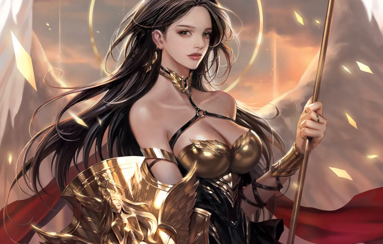 Фото обои girl, fantasy, cleavage, armor, wings, angel, brunette, digital art