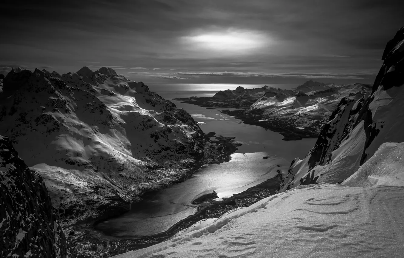 Фото обои лед, зима, горы, Норвегия, черно-белое