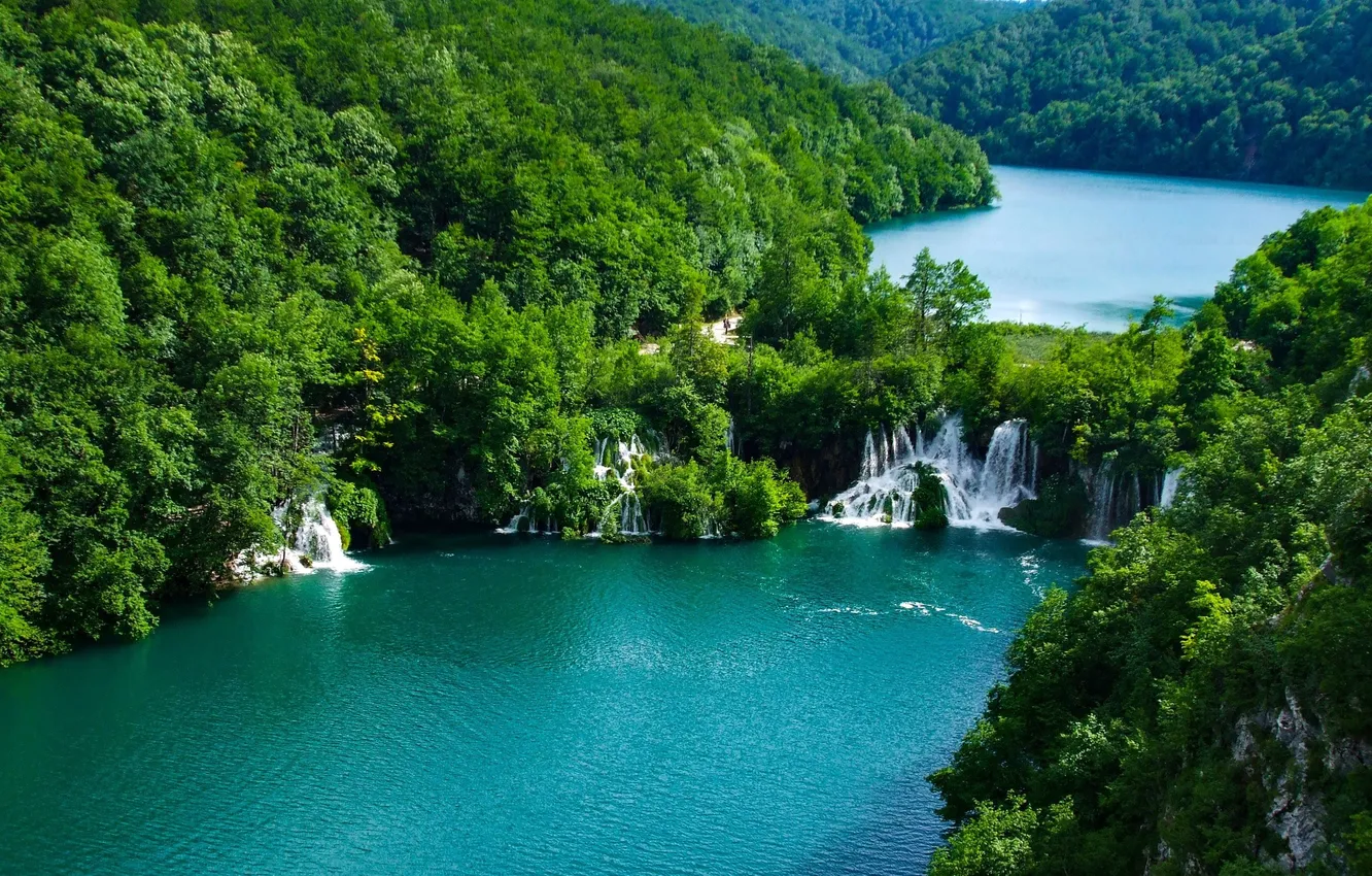 Фото обои river, trees, park, lakes, national, croatia, plitvice