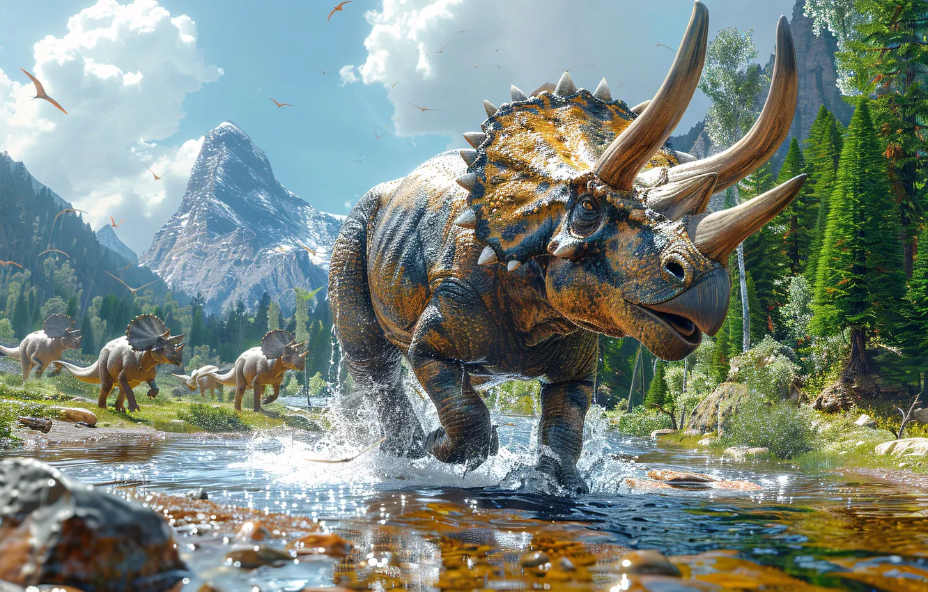 Фото обои Вода, Горы, Деревья, Рога, Животные, Triceratops, Цифровое искусство, Динозавры