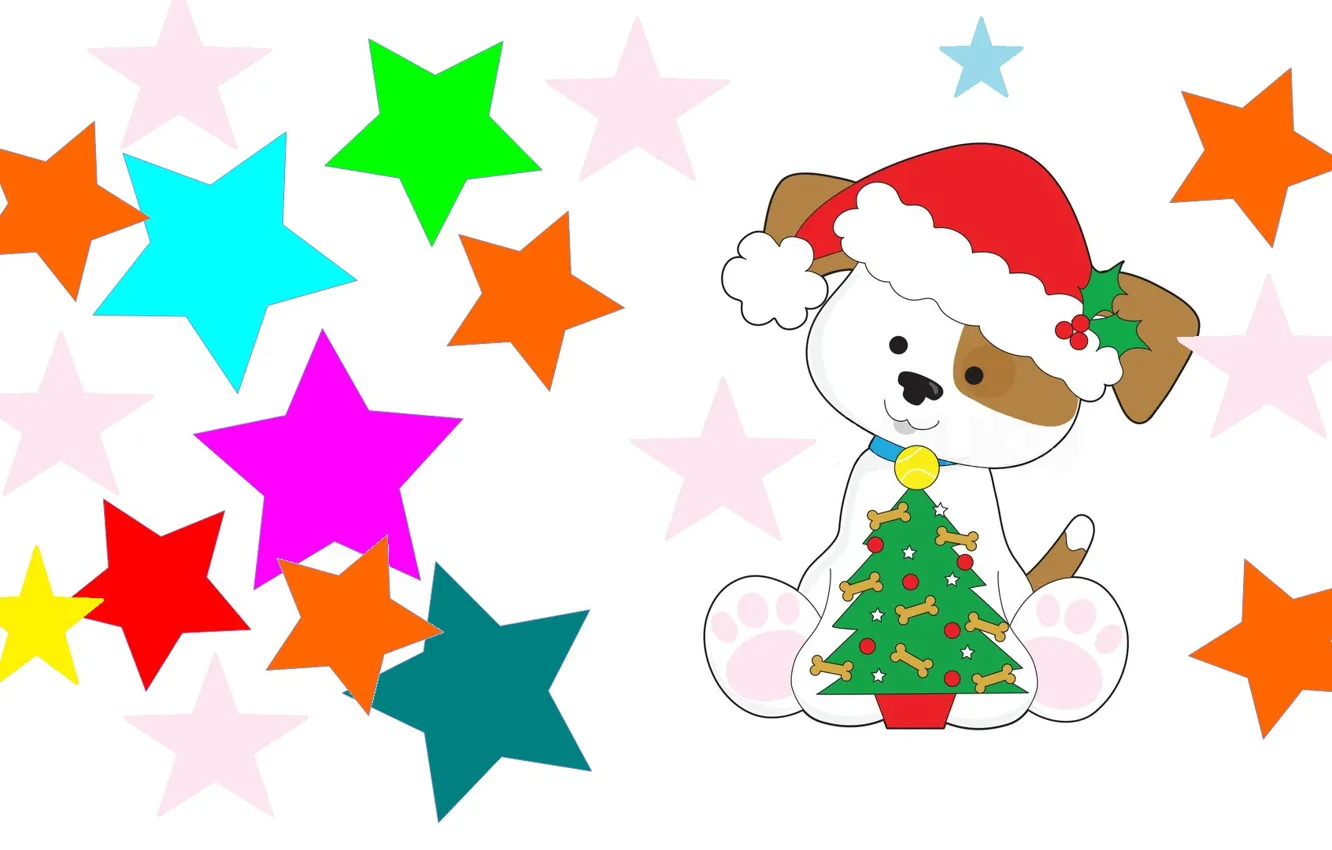 Фото обои праздник, арт, звёздочки, ёлочка, собачка, косточка, детская, год Собаки