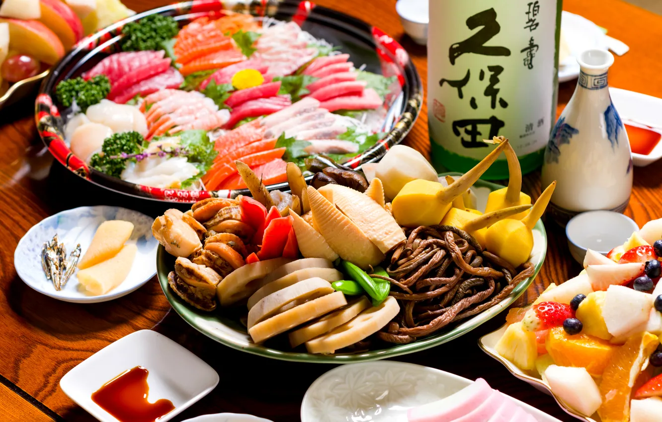 Фото обои рыба, фрукты, морепродукты, японская кухня, блюда, ассорти