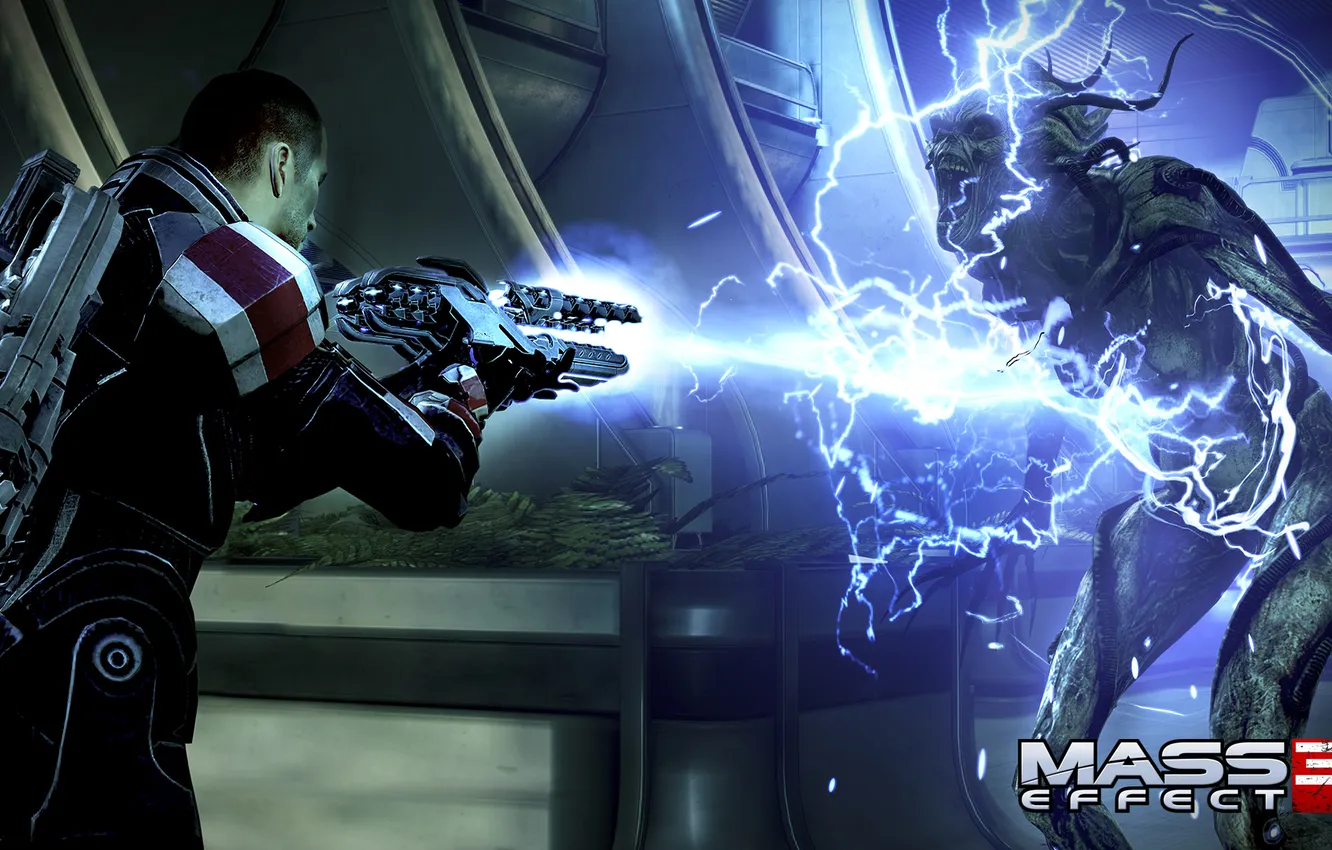 Фото обои Шепард, Mass Effect 3, Shepard, Жнец, Банши, дробовик &quot;Ригар&quot;
