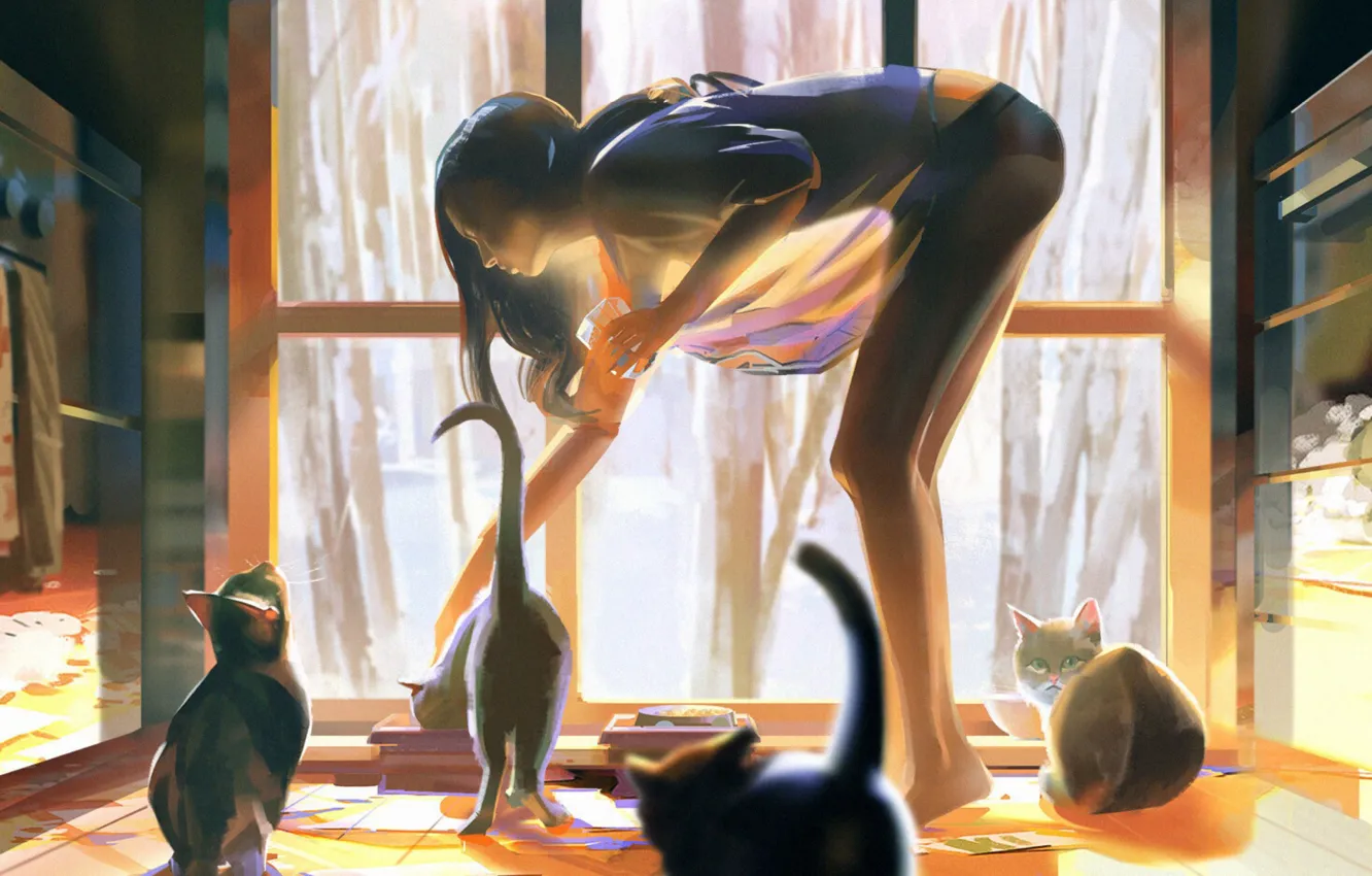 Фото обои девочка, в комнате, у окна, кормит, наклонилась, четыре котенка, by lin-a