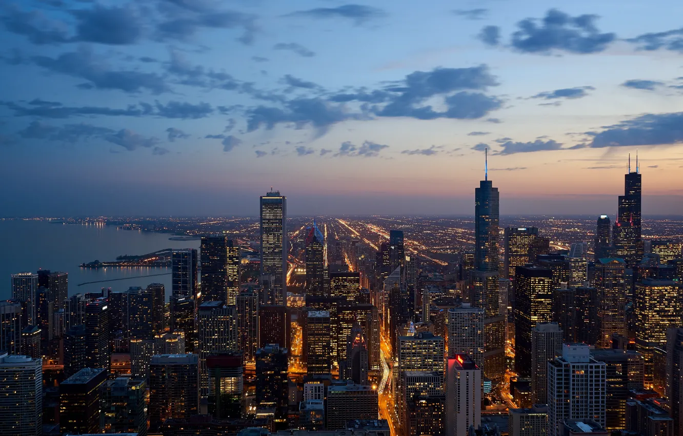 Фото обои city, lights, USA, Chicago, Illinois, twilight, skyline, sky