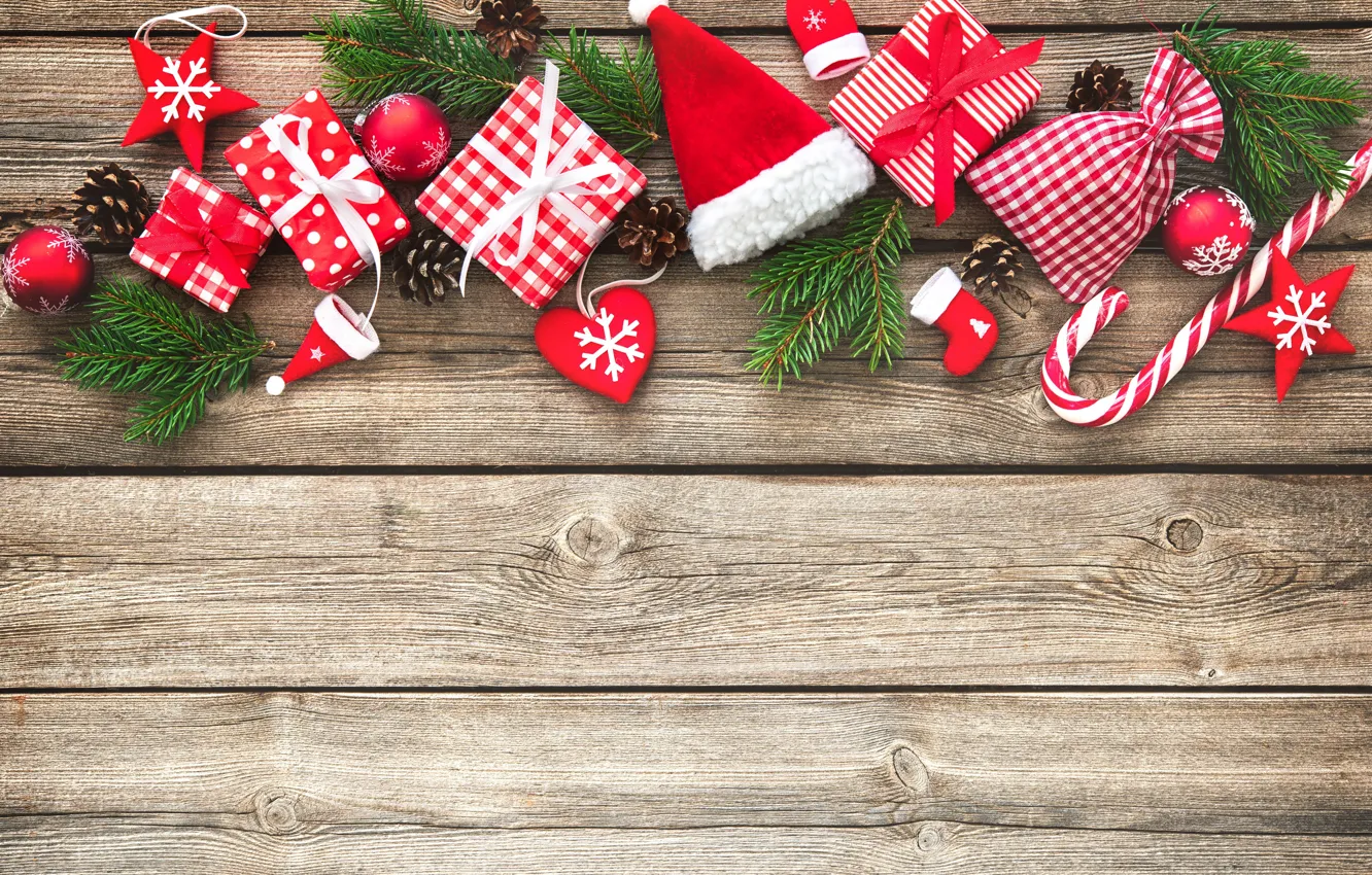 Фото обои украшения, ветки, доски, Новый Год, Рождество, подарки, christmas, balls