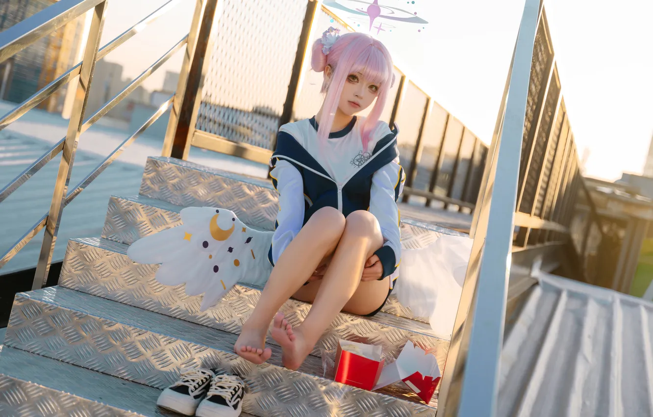 Фото обои legs, barefoot, women, cosplay, feet, outdoors, looking at viewer, Blue Archive