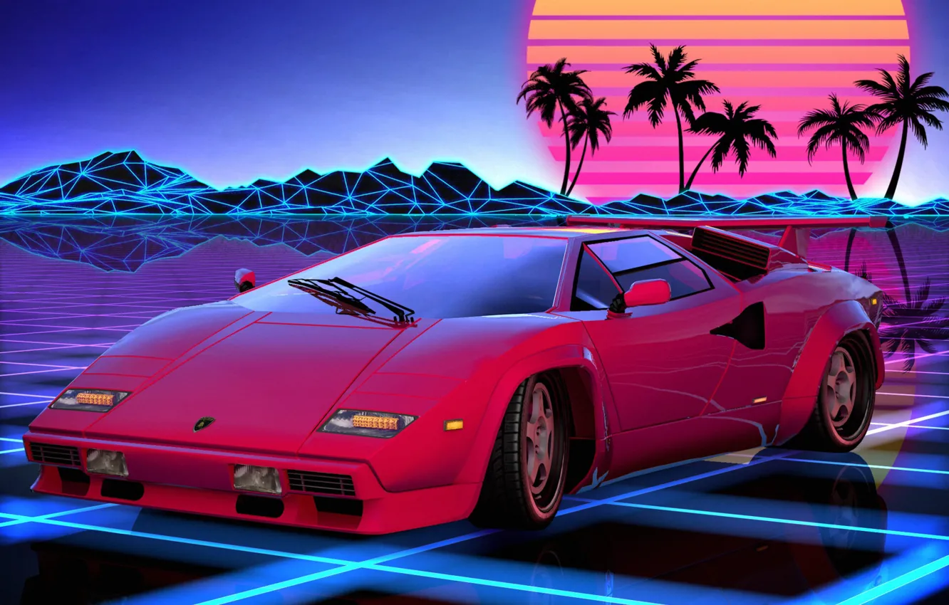 Фото обои Авто, Музыка, Lamborghini, Ретро, Машина, Стиль, Фон, 80s