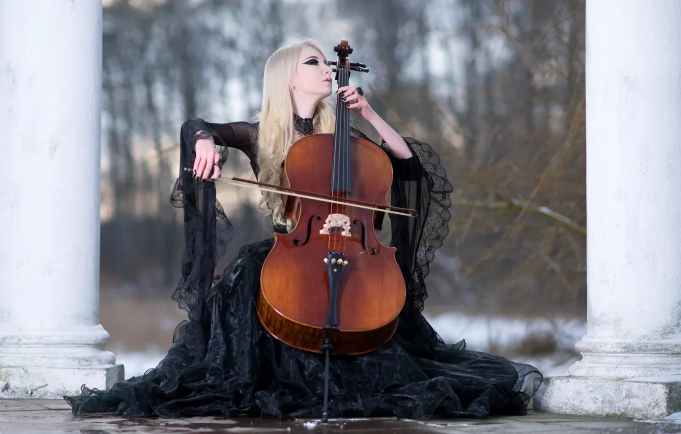 Фото обои Winter, Blonde, Violin, Black Dress, Maria Amanda, Stock, Winters Melody