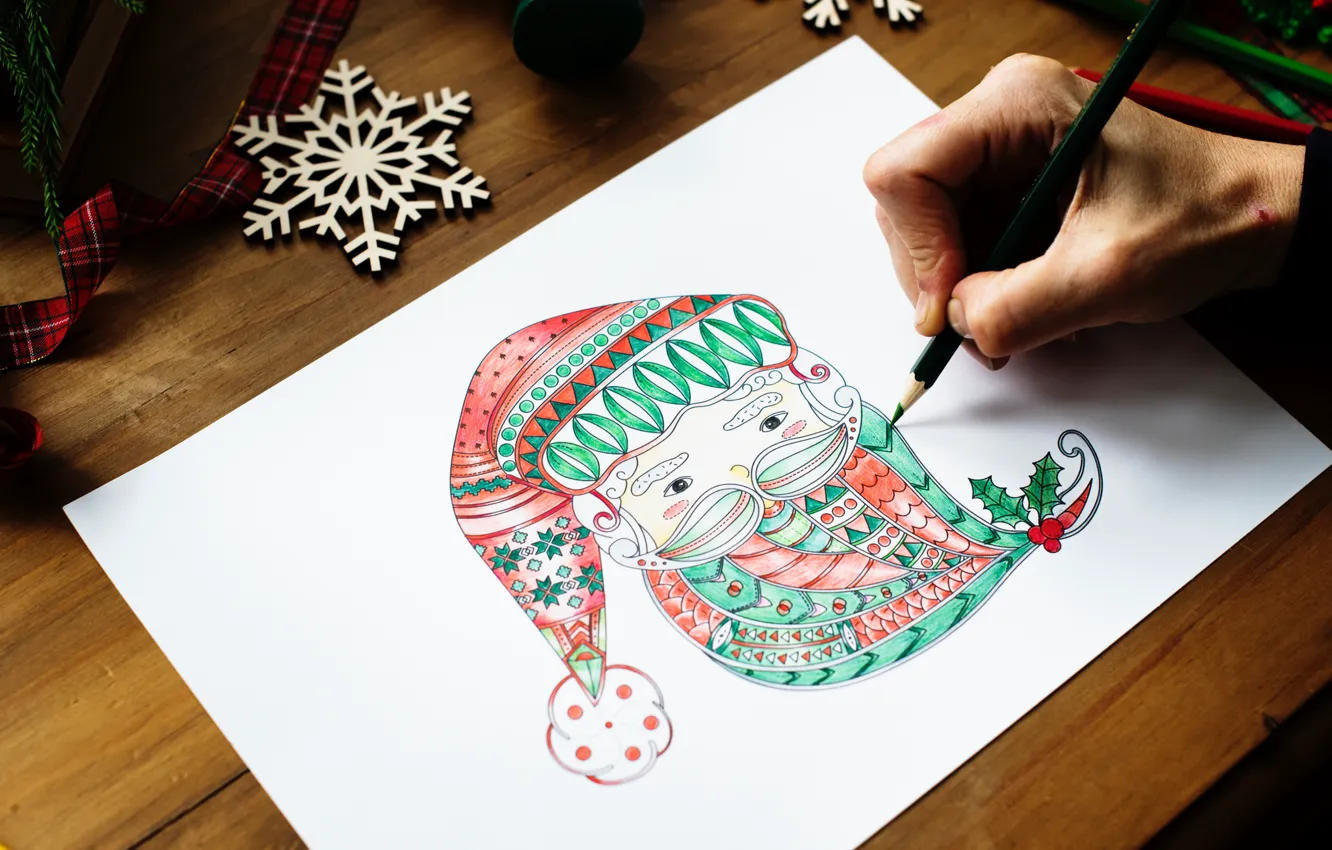 Фото обои рисунок, новый год, карандаш, дед мороз, снежинка, ленточка, new Year, pencil