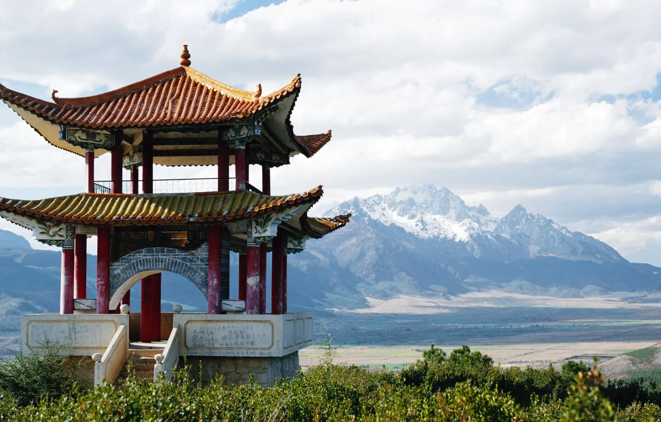Фото обои китай, пагода, снежные горы