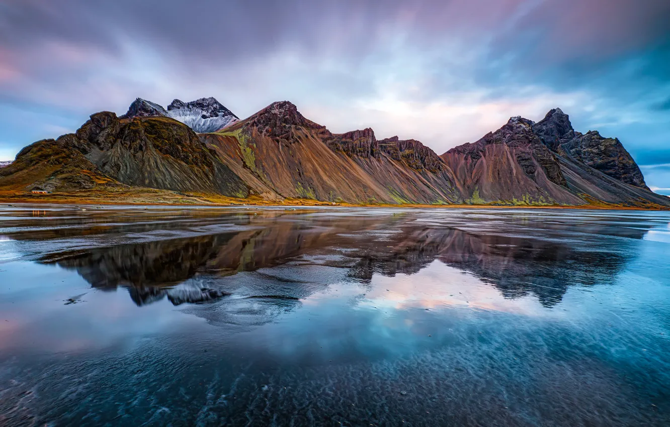 Фото обои море, горы, отражение, Исландия, Iceland, Stokksnes, Стокснес, Гора Вестрахорн