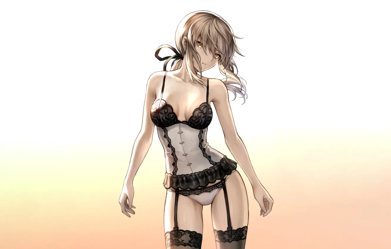 Фото обои girl, sexy, lingerie, pantsu, cleavage, panties, thighhighs, long hair