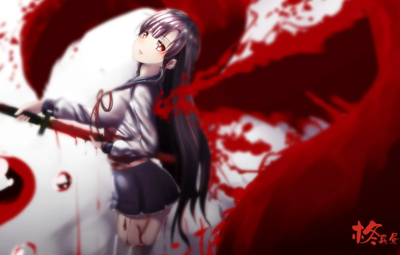 Фото обои девушка, оружие, кровь, крылья, катана, аниме, арт, форма