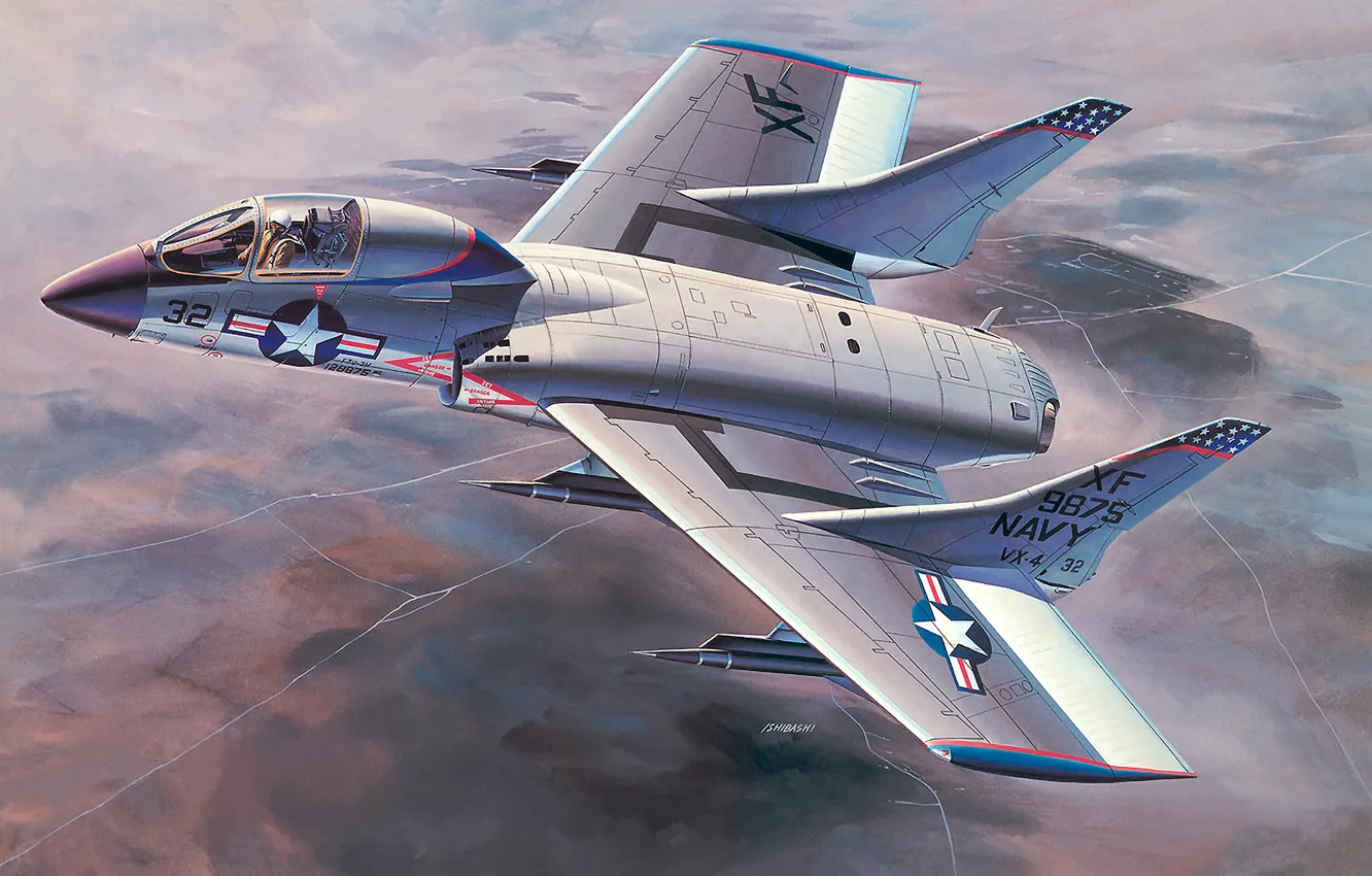 Фото обои небо, истребитель, арт, США, самолёт, палубный, земля.рисунок, Vought F7U Cutlass
