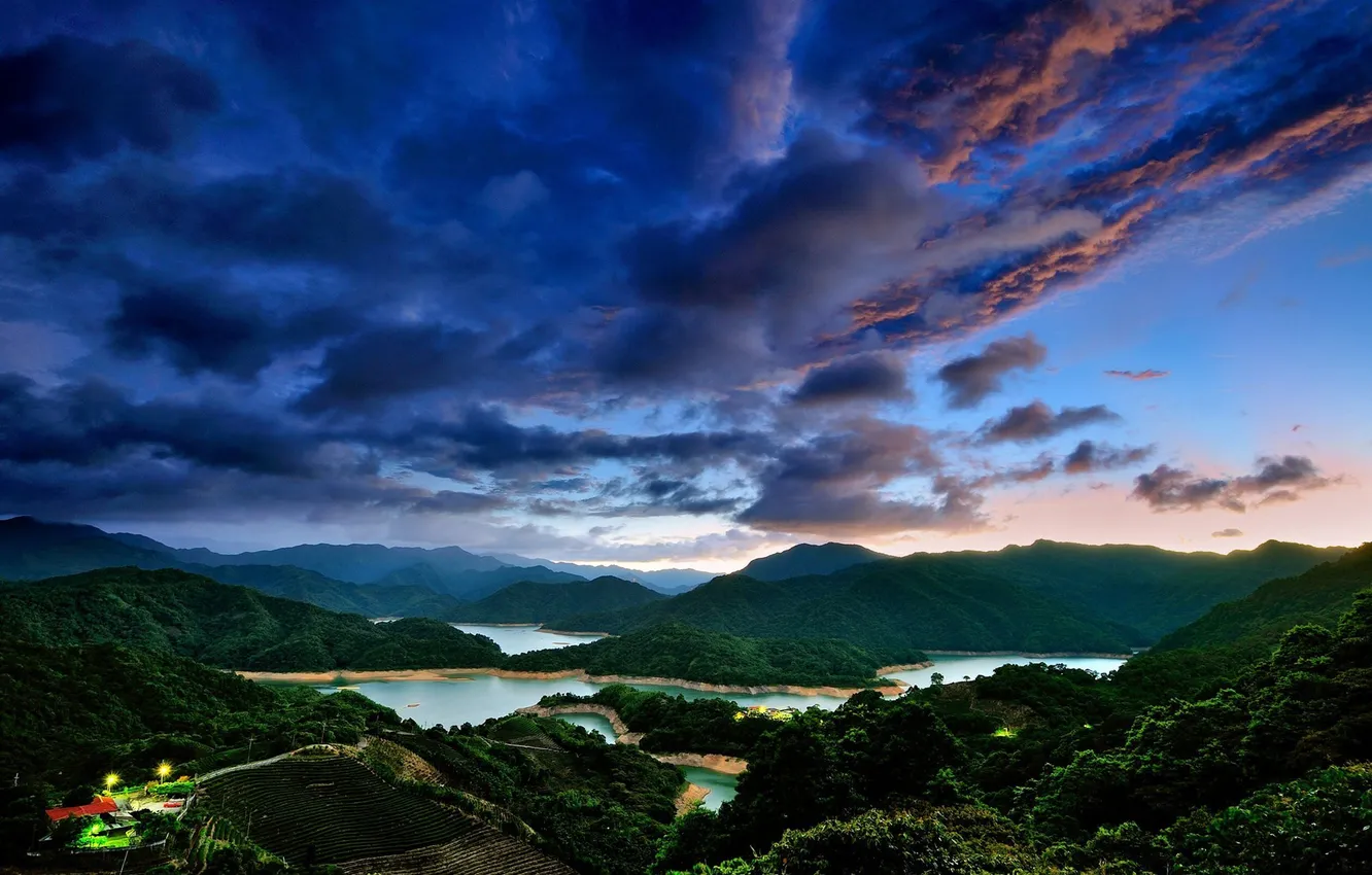 Фото обои небо, облака, закат, горы, вечер, Тайвань, Тайбэй