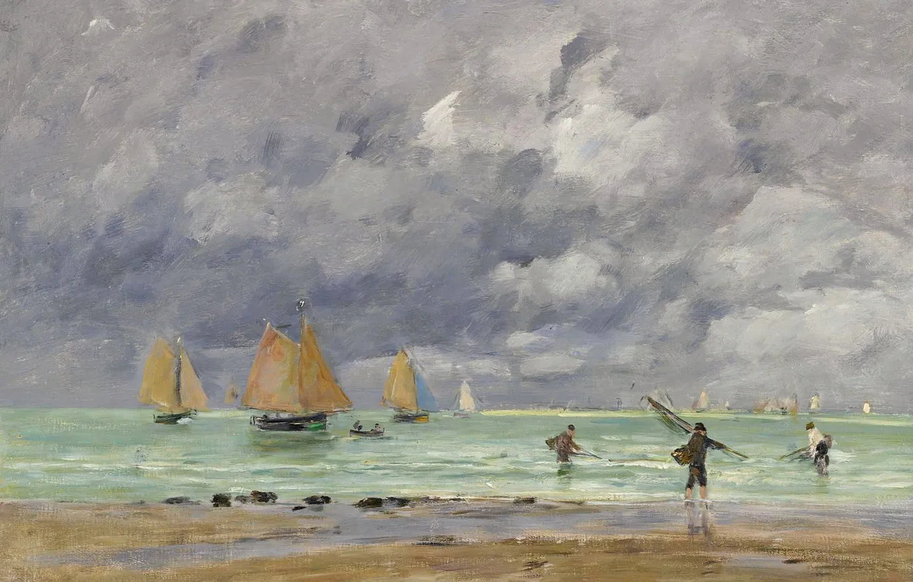 Фото обои море, облака, картина, парус, Эжен Буден, Eugene Boudin, Рыбаки и Лодки Возле Трувиля