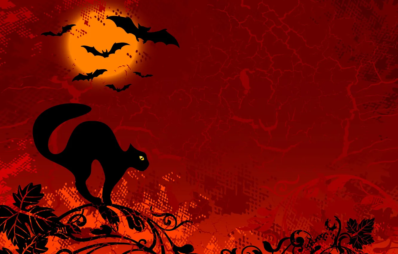 Фото обои кот, черный, рисунок, ветка, мыши, красный фон, хеллоуин