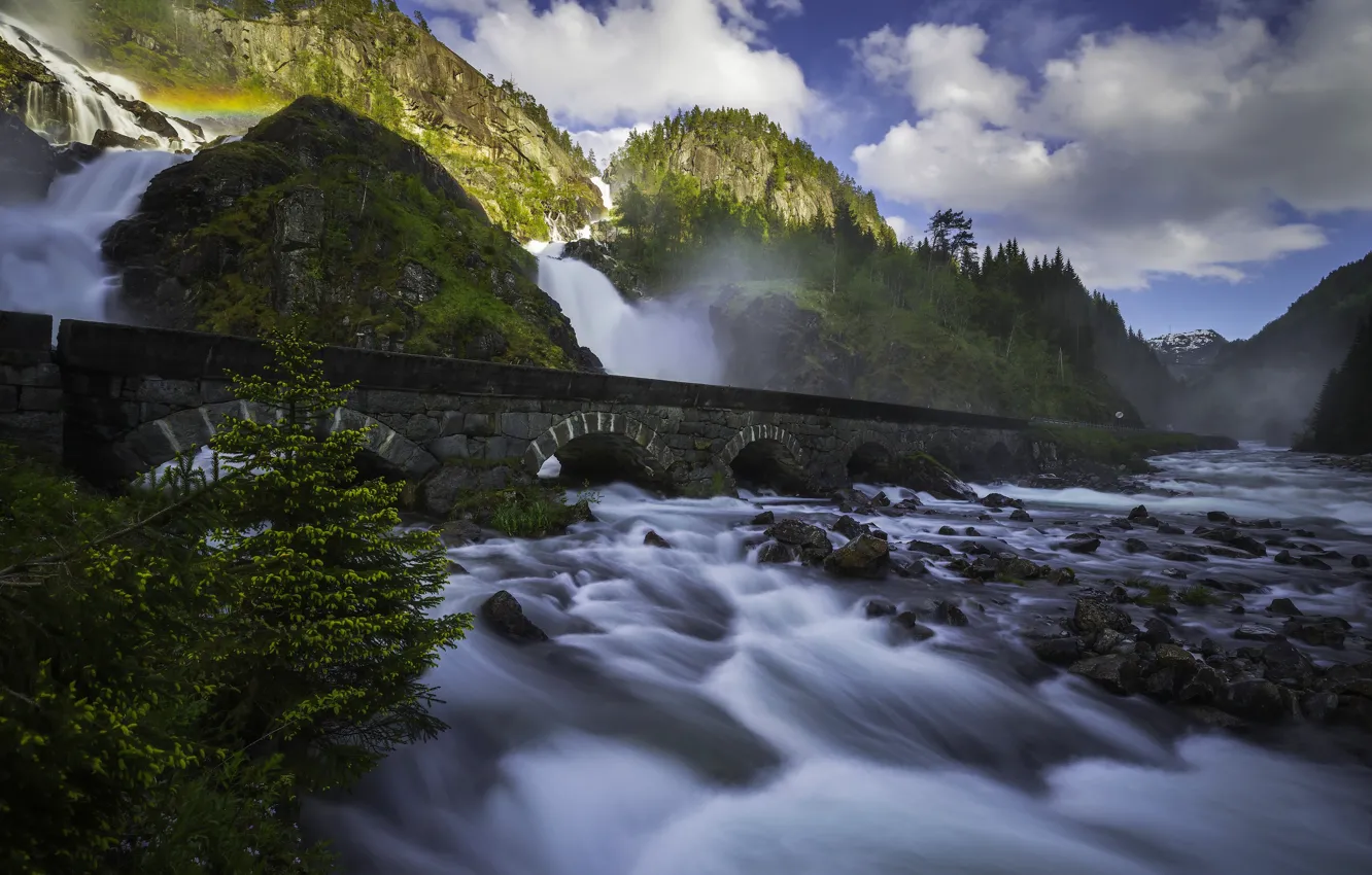 Фото обои горы, мост, река, камни, скалы, водопад, Норвегия, каскад