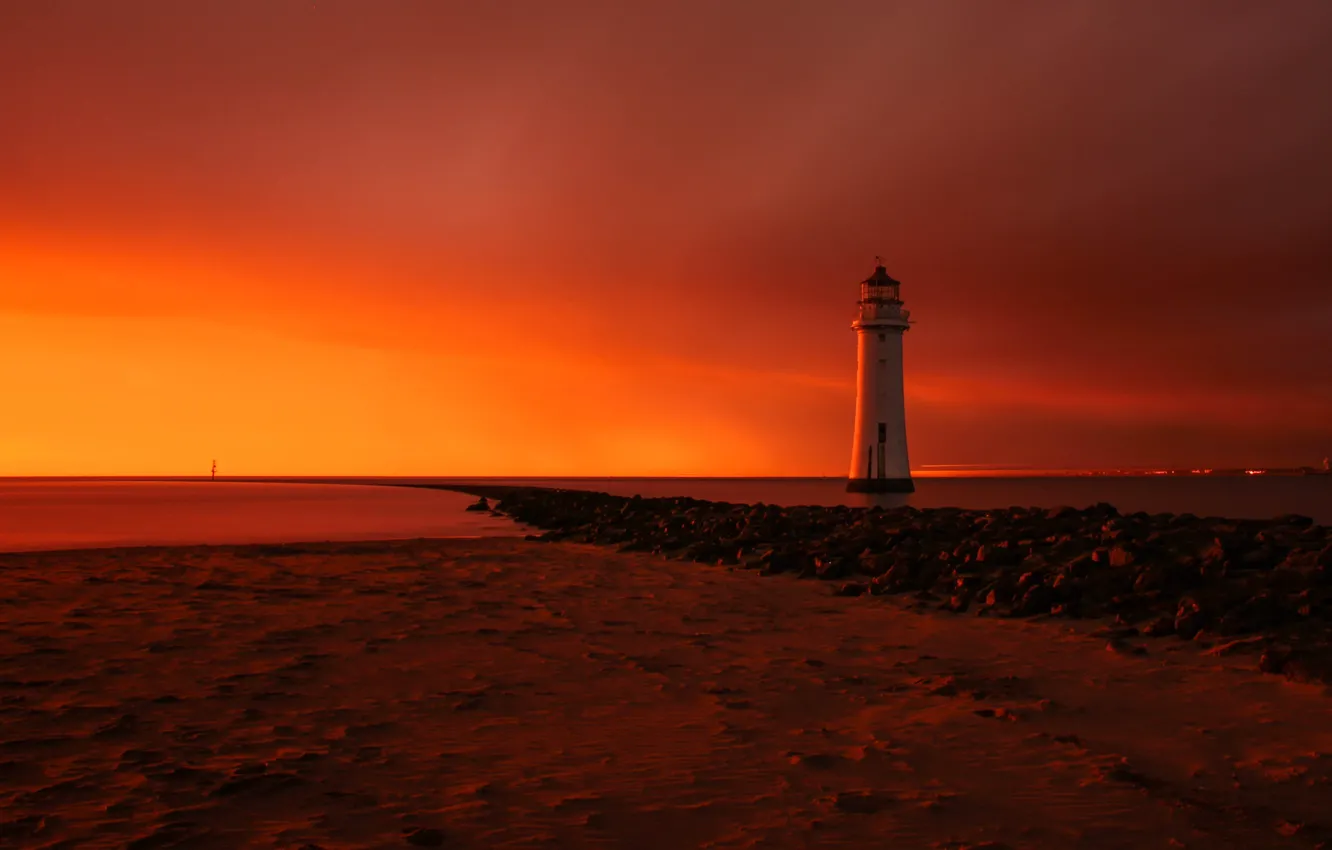 Фото обои пляж, рассвет, маяк, Perch Rock lighthouse