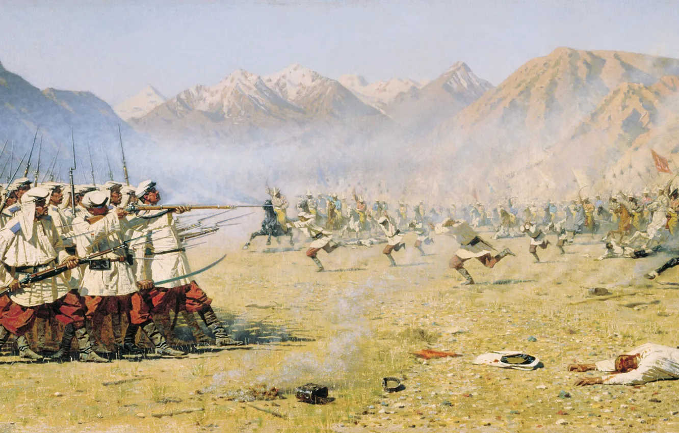 Фото обои горы, война, солдаты, стрельба, сражение, ружья, конница, верещагин