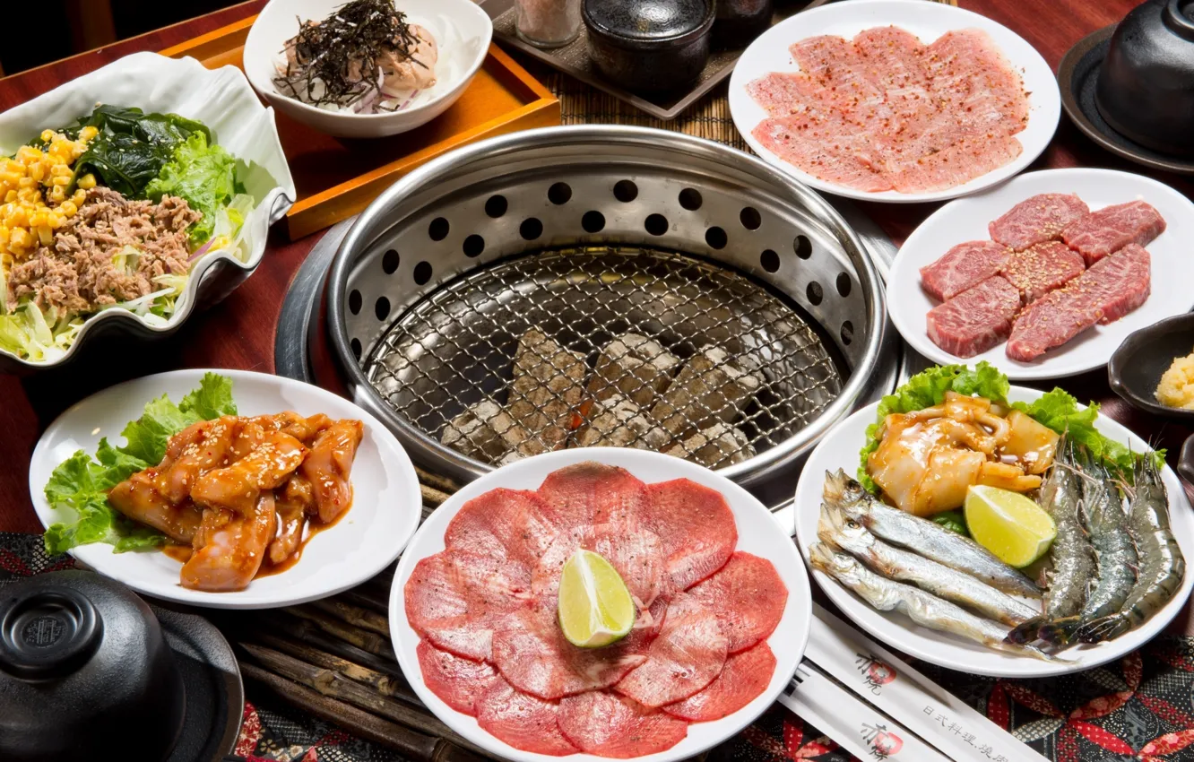 Фото обои мясо, морепродукты, ассорти, китайская кухня