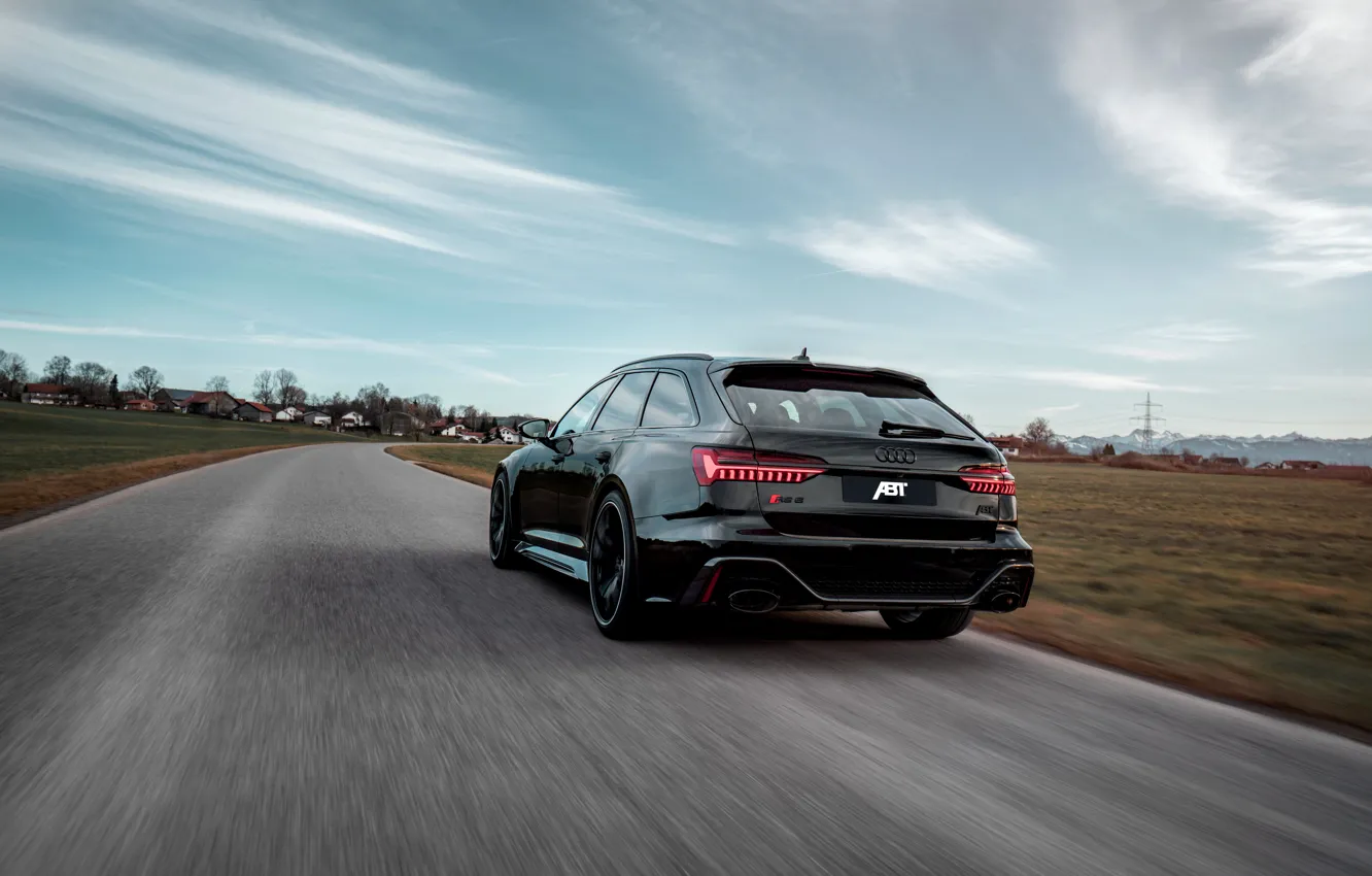 Фото обои дорога, Audi, чёрный, ABT, универсал, RS 6, 2020, 2019