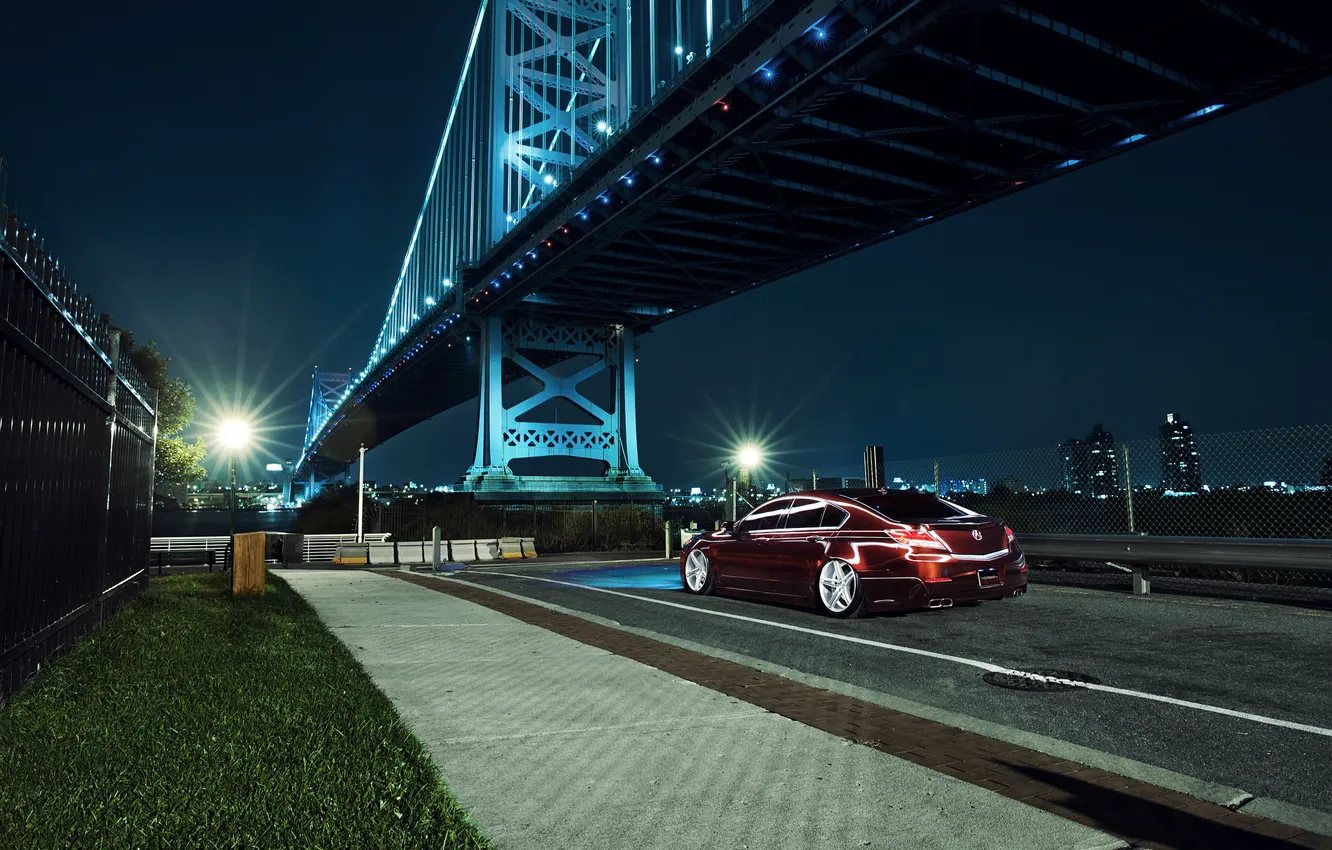 Фото обои ночь, мост, город, черная, Honda, Accord, хонда, акура