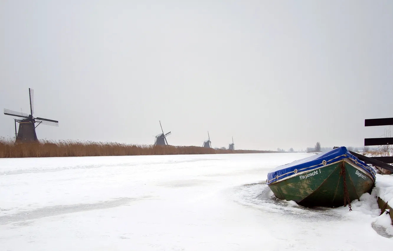 Фото обои зима, лодка, канал