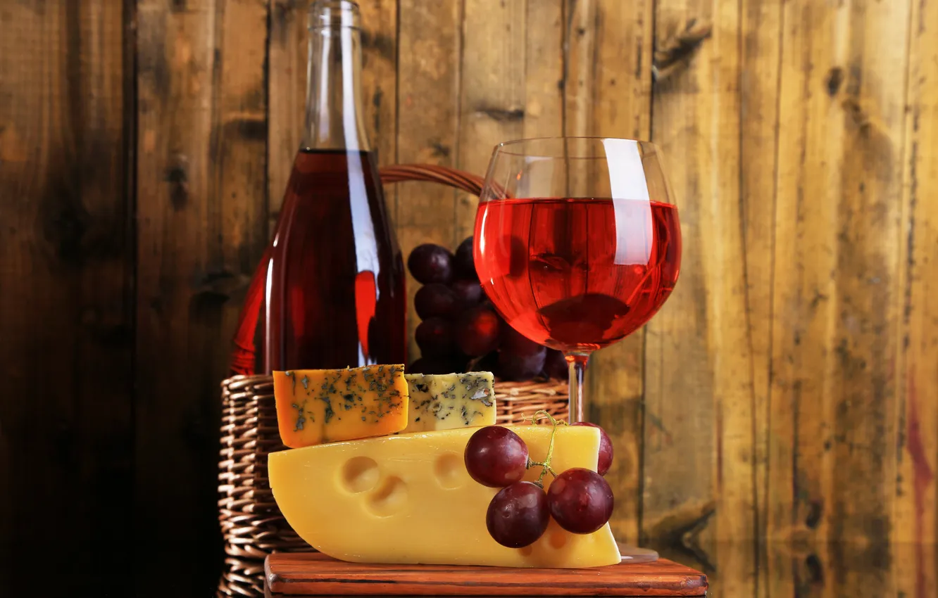 Фото обои вино, корзина, сыр, виноград