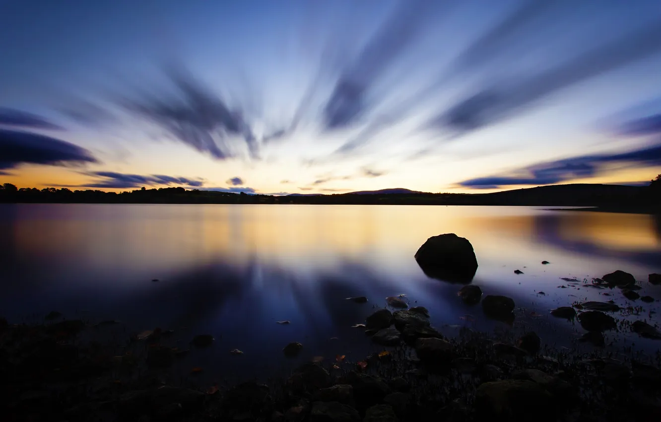 Фото обои закат, озеро, камни, вечер