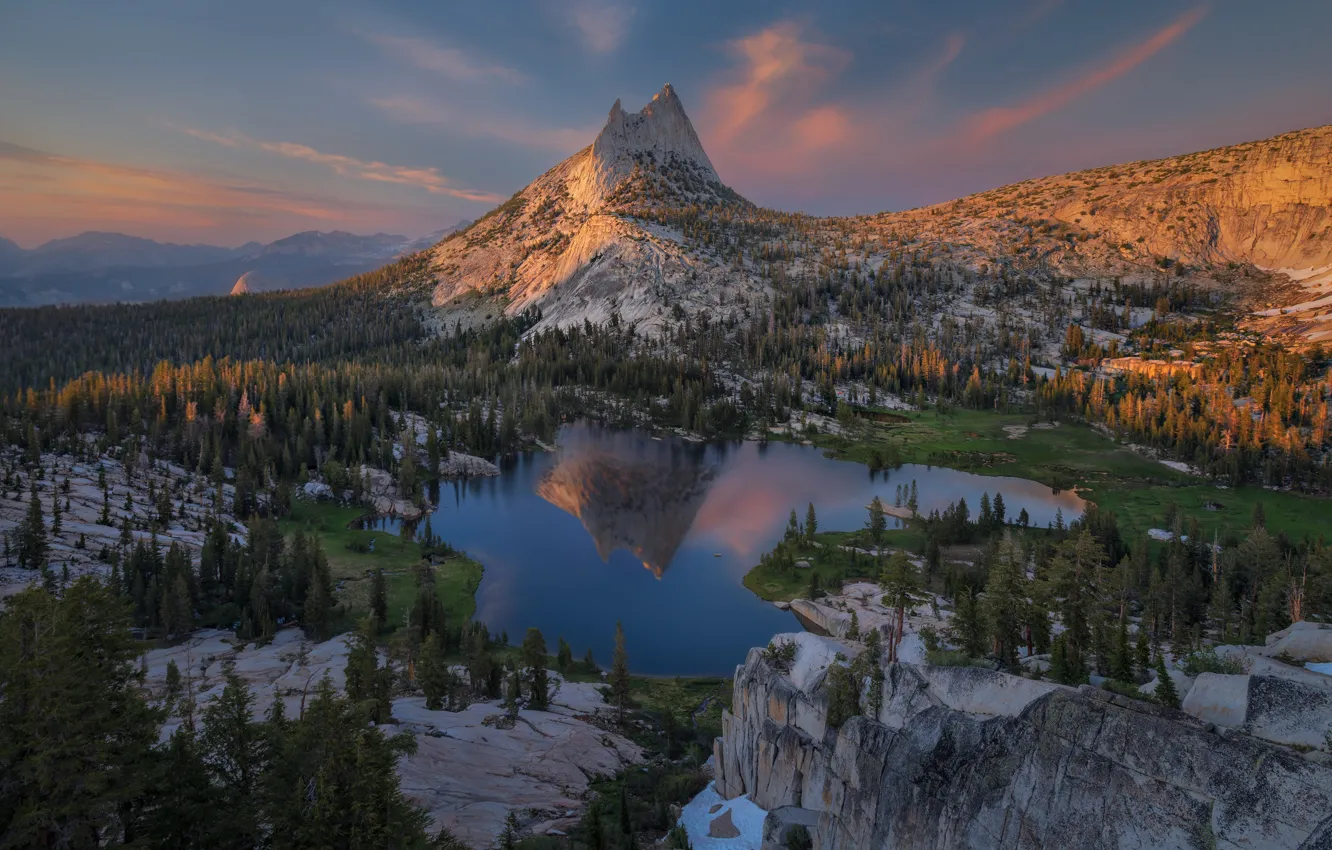 Фото обои отражение, гора, пик, Cathedral Peak, Йосемитский национальный парк