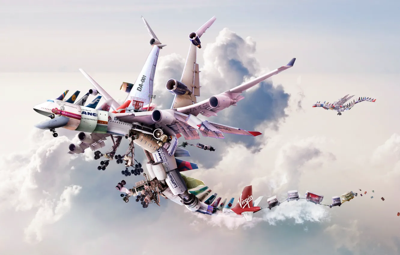 Фото обои облака, рендеринг, драконы, технологии, полёт, самолёты, двигатели, видов