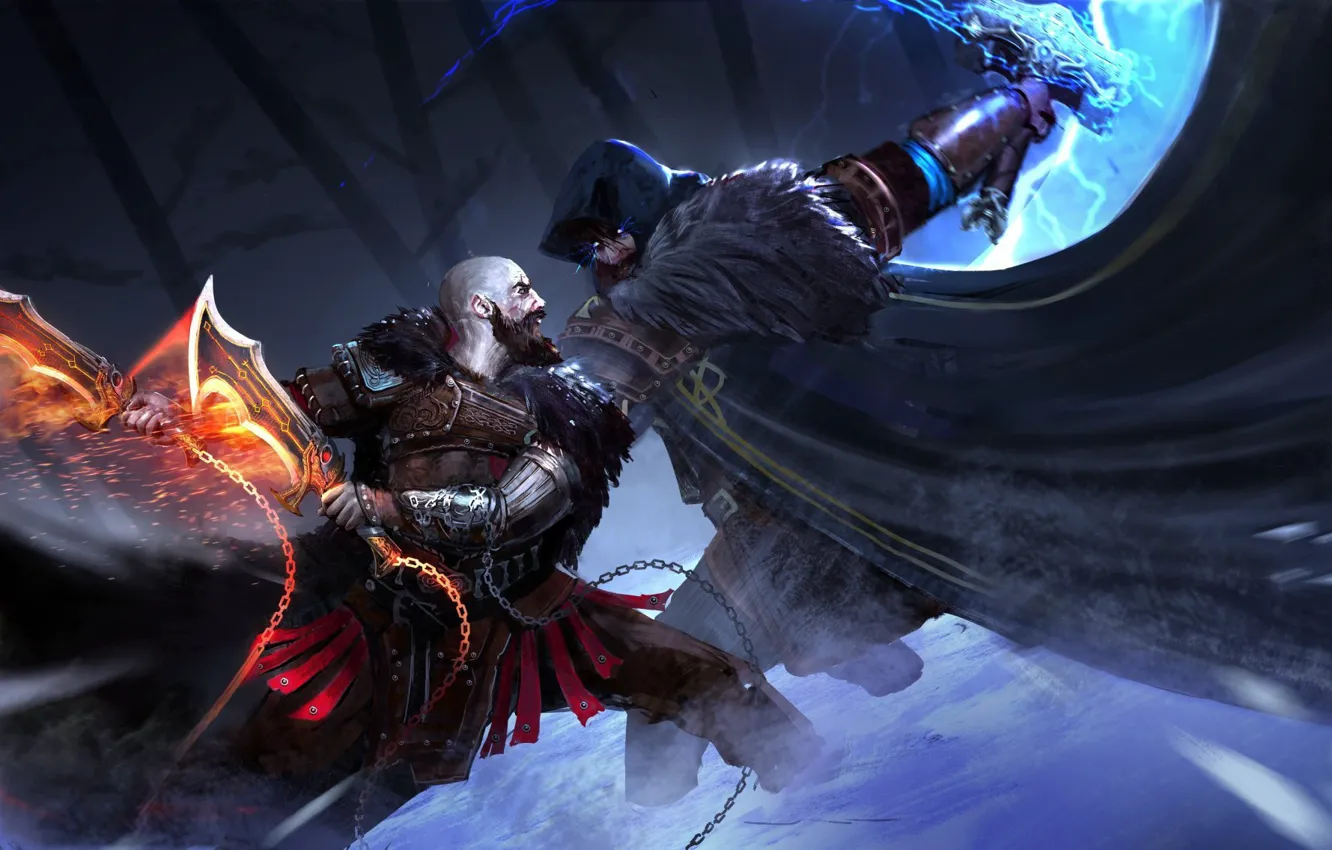 Фото обои fire, game, Kratos, lightning, fight, Thor, spartan, Santa Monica