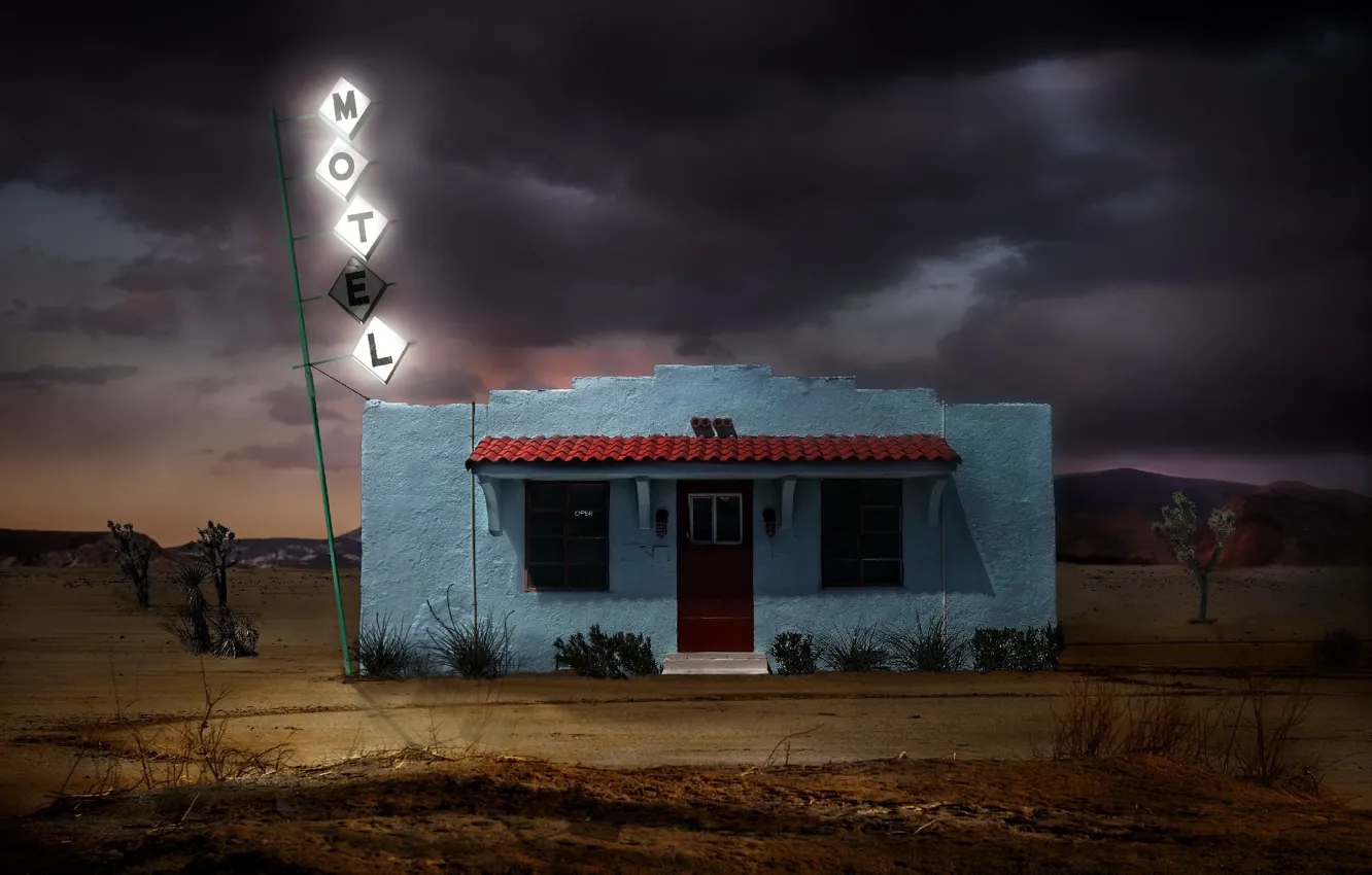 Фото обои desert, California, digitalart, Motel