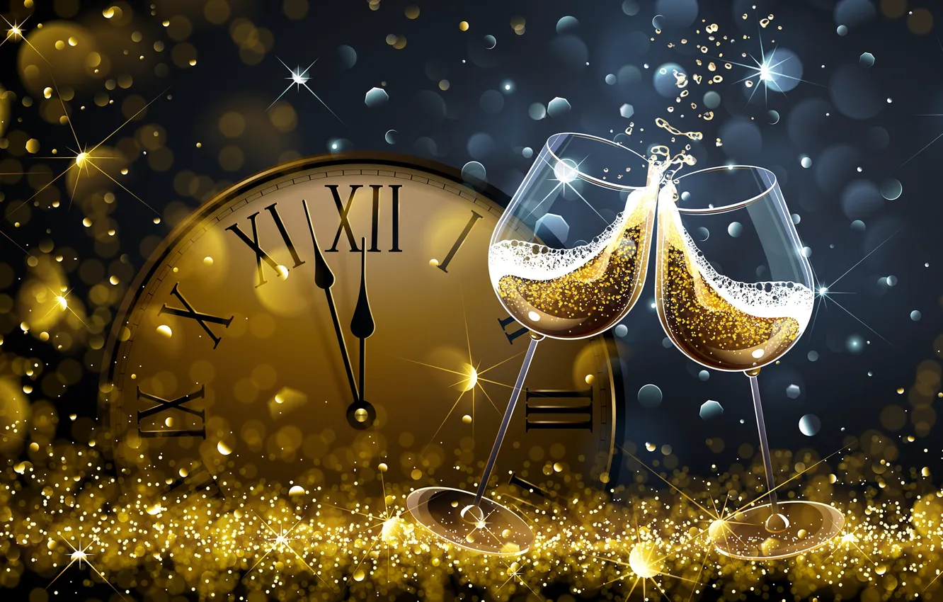 Фото обои часы, новый год, бокалы, new year, шампанское, happy, боке, 2018