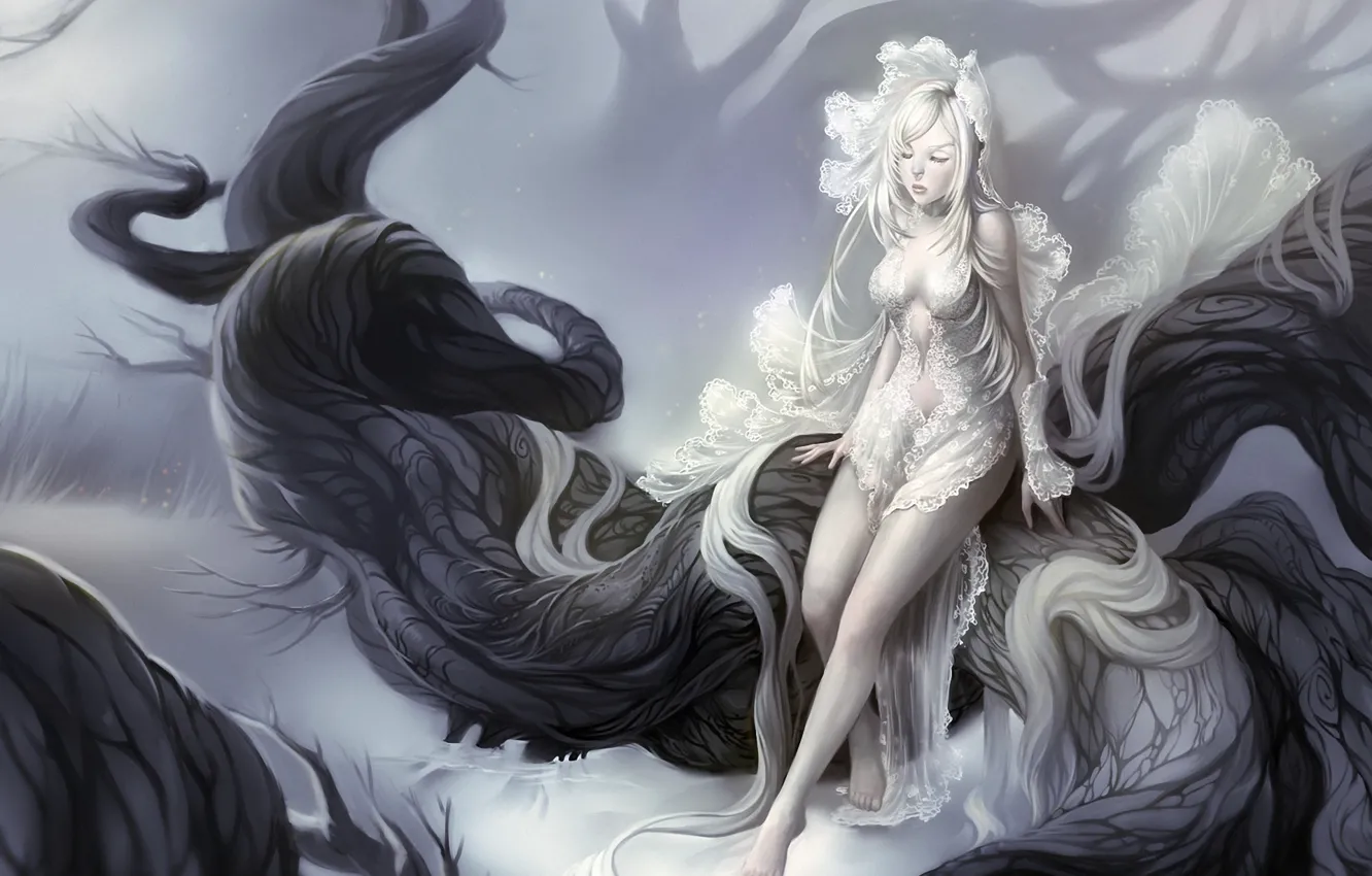 Фото обои девушка, дерево, арт, кружево, в белом, белые волосы