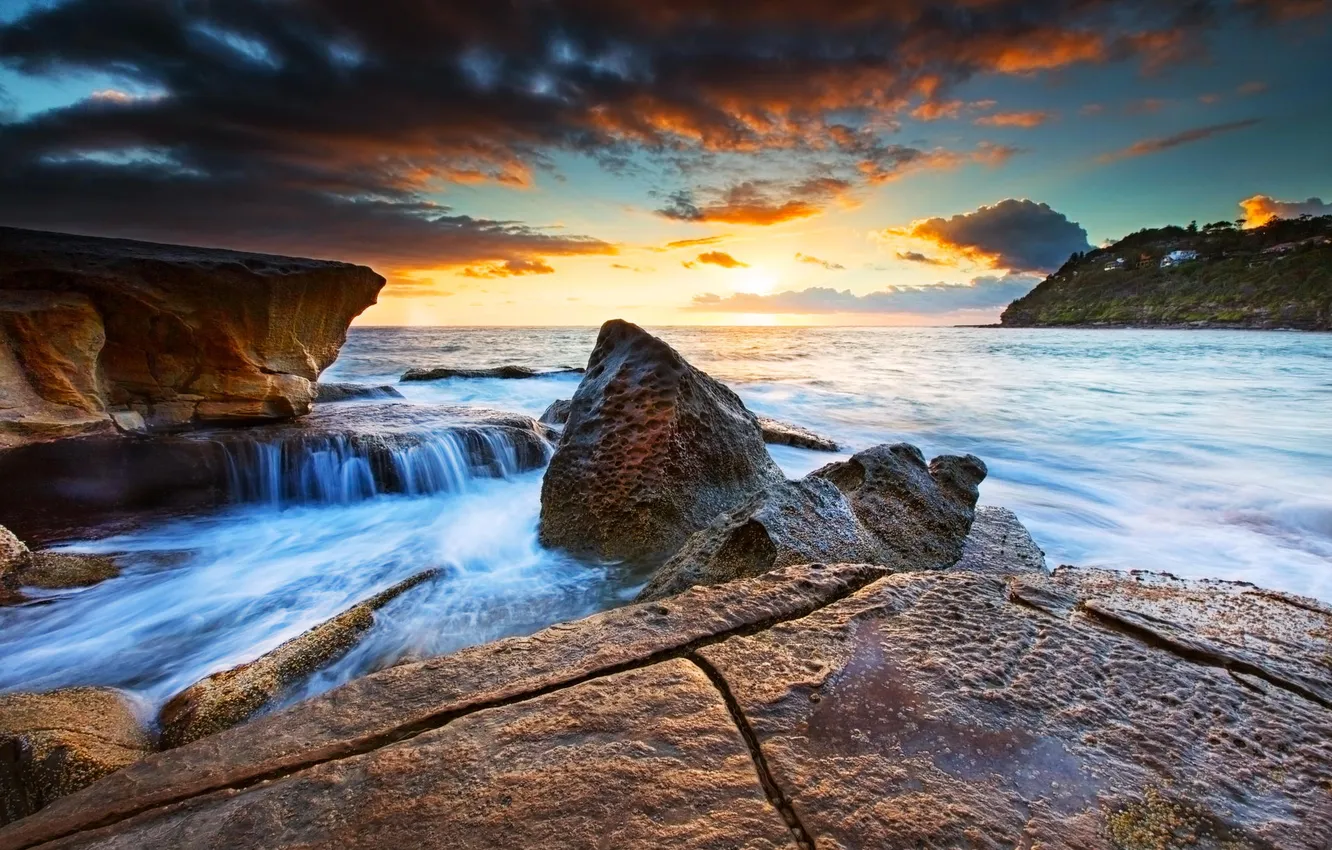 Фото обои пейзаж, закат, океан, скалы, берег