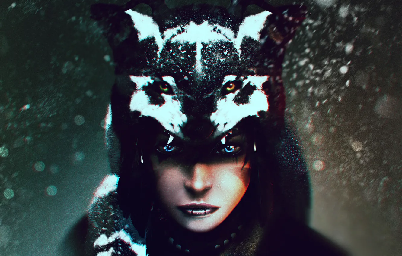 Фото обои взгляд, девушка, волк, арт, шаман