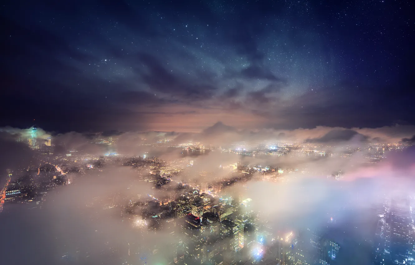 Фото обои облака, ночь, туманность, Нью-Йорк, звезд, Эмпайр Стейт Билдинг, Соединенные Штаты, космос город
