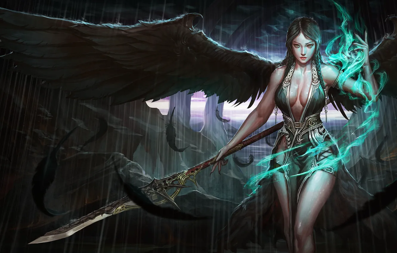 Фото обои эротика, поза, оружие, магия, крылья, перья, арт, девушка. взгляд